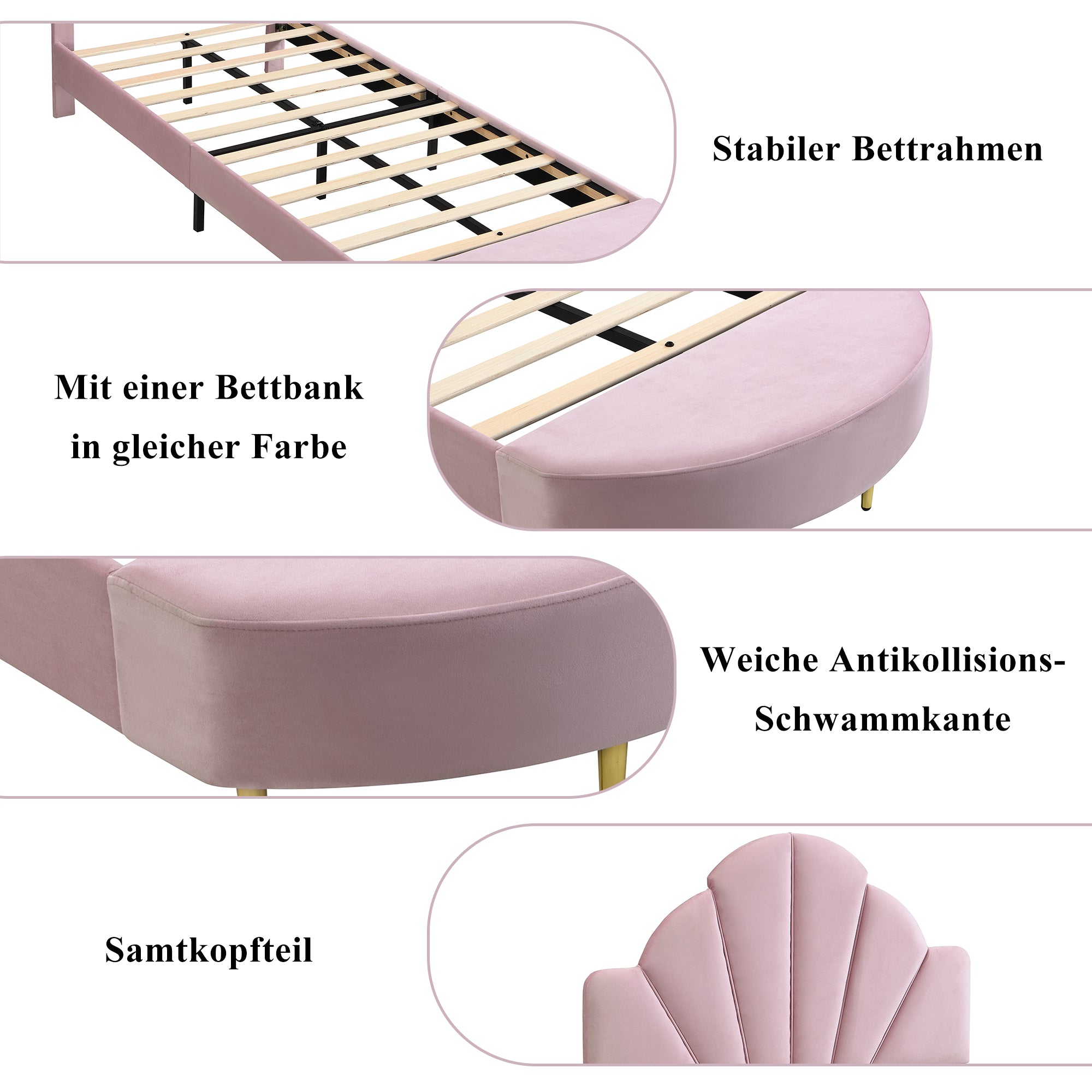Logidon gestoffeerd bed 90x200 cm roze fluweel met bedbank en fluwelen hoofdbord