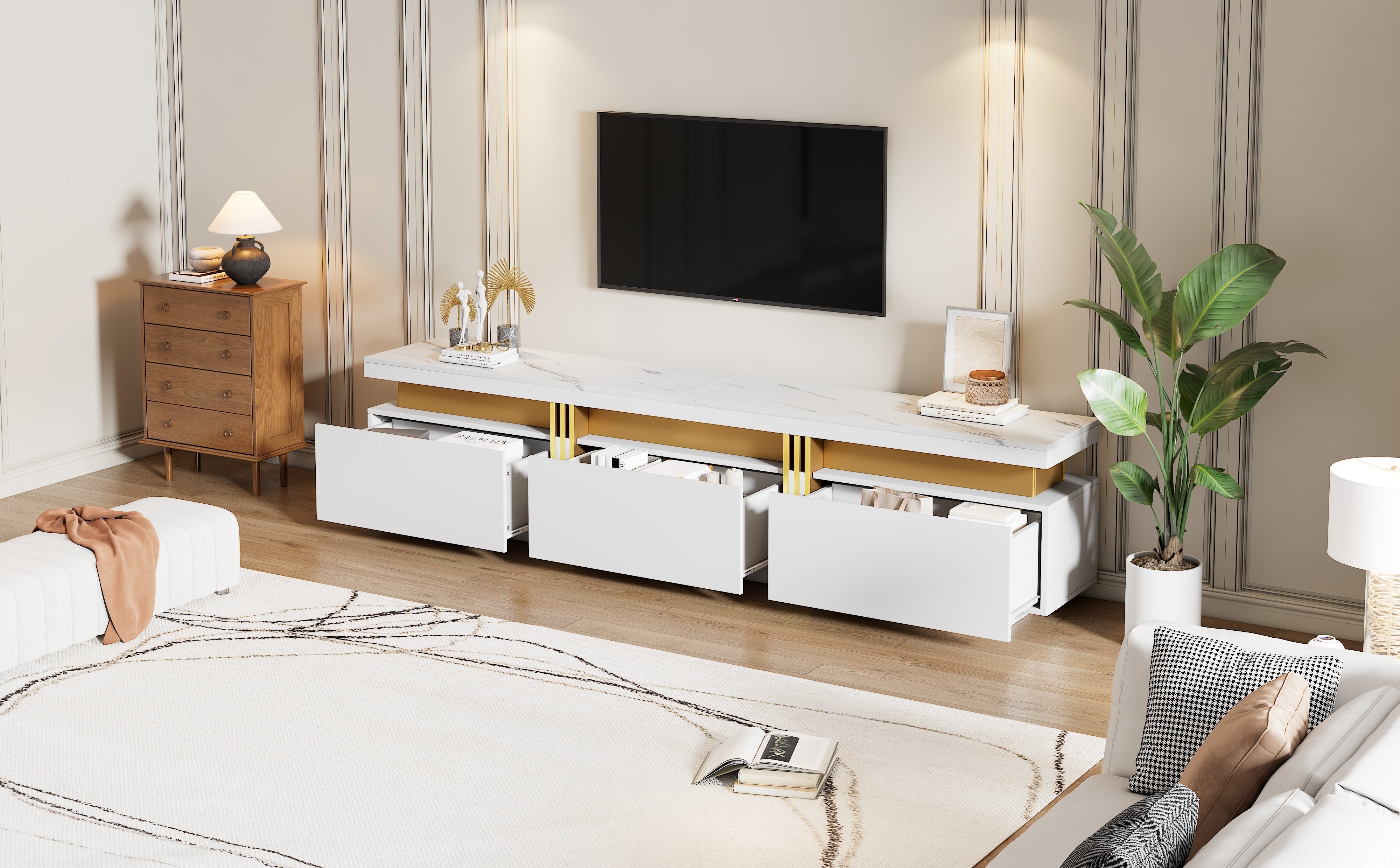 Logidon TV-meubel 200 cm marmerlook drie lades kabelmanagement