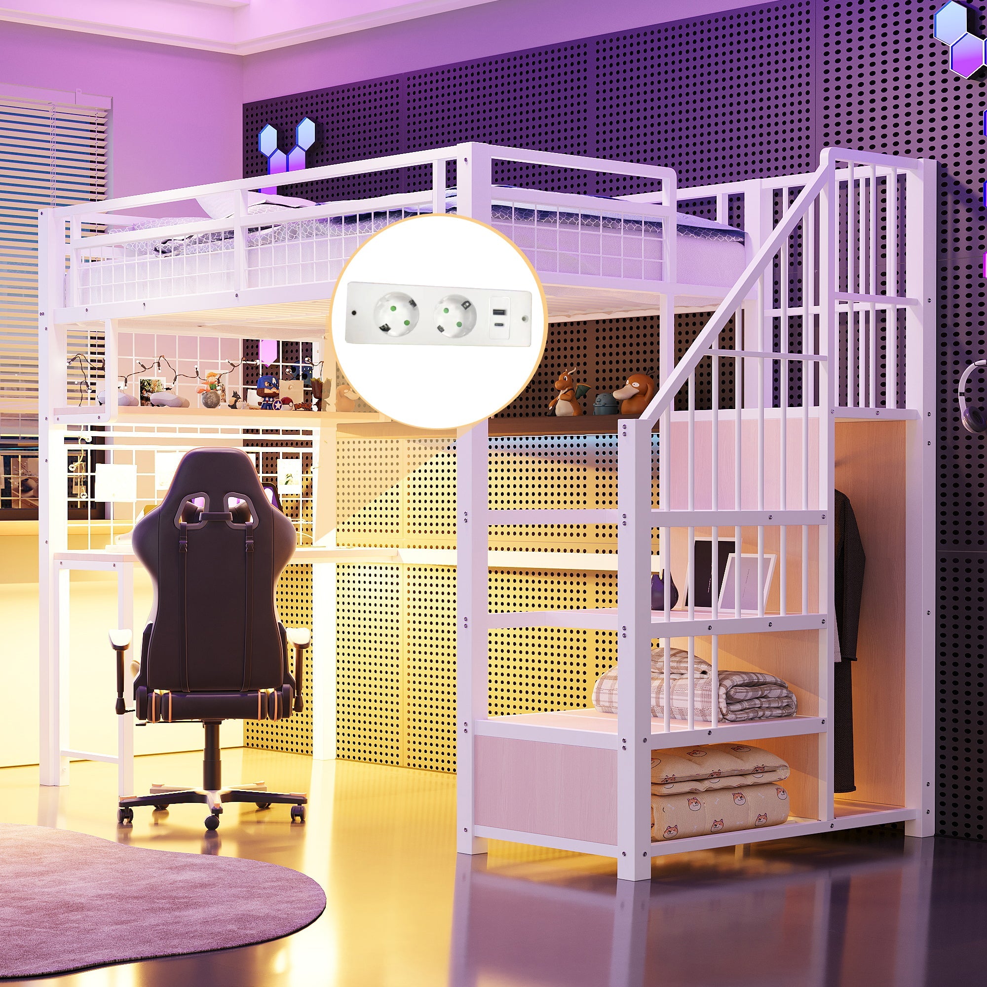 Logidon metalen hoogslaper 90x200 cm met bureau en LED-lichtstrip