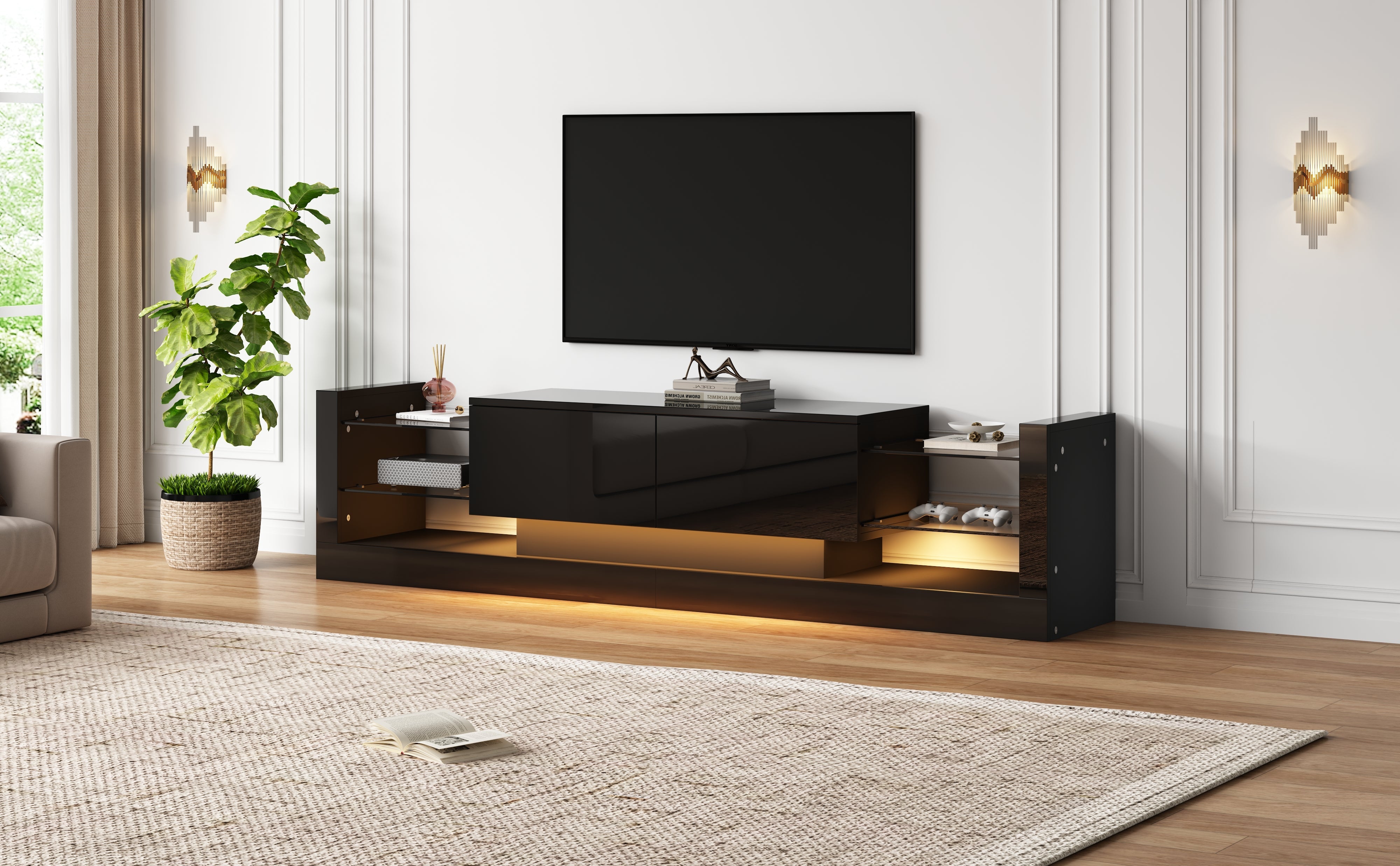Logidon high-gloss TV cabinet 181 cm LED lighting black glass front
