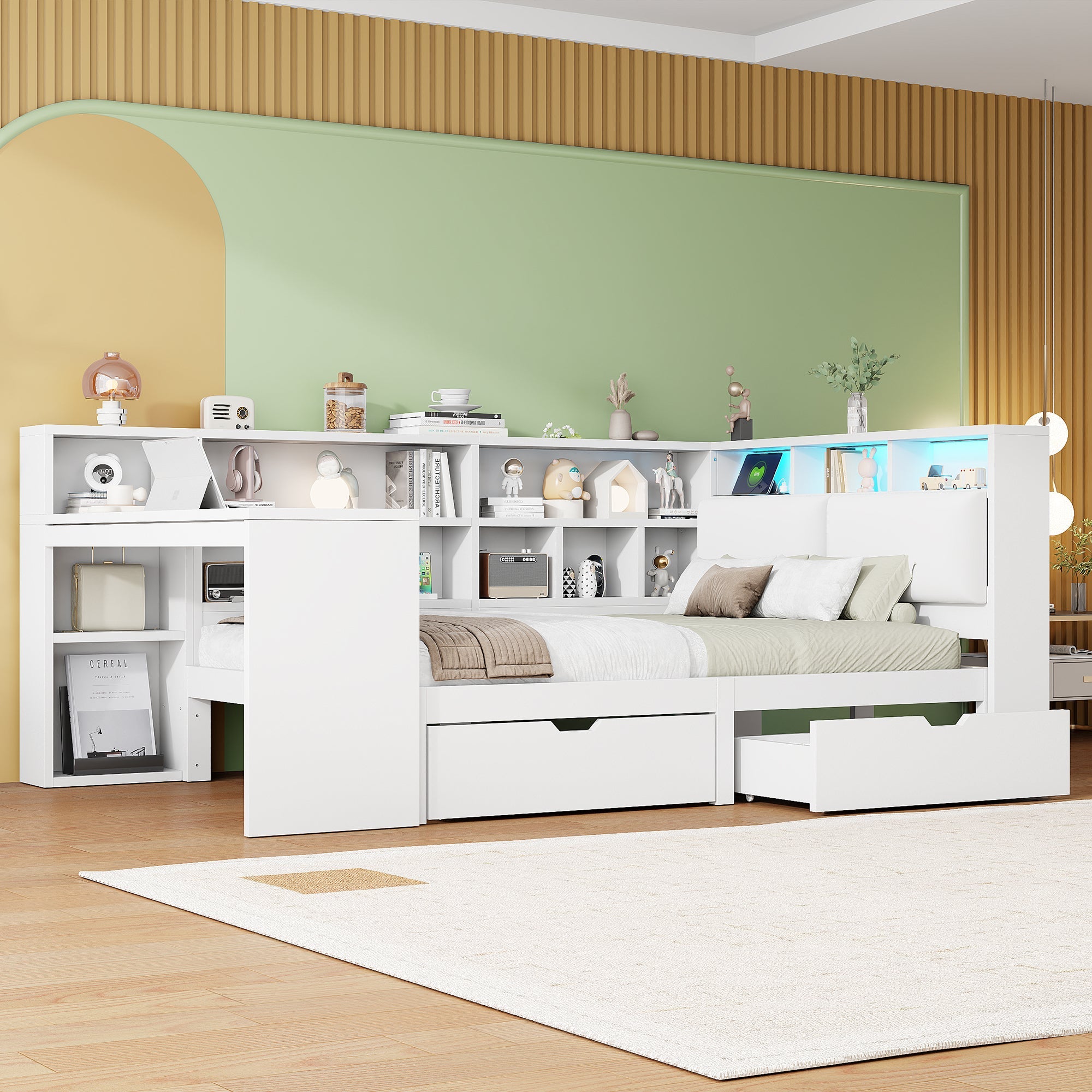 Logidon Hoekbed 140x200 L-vorm met Bureau Boekenplank Wit