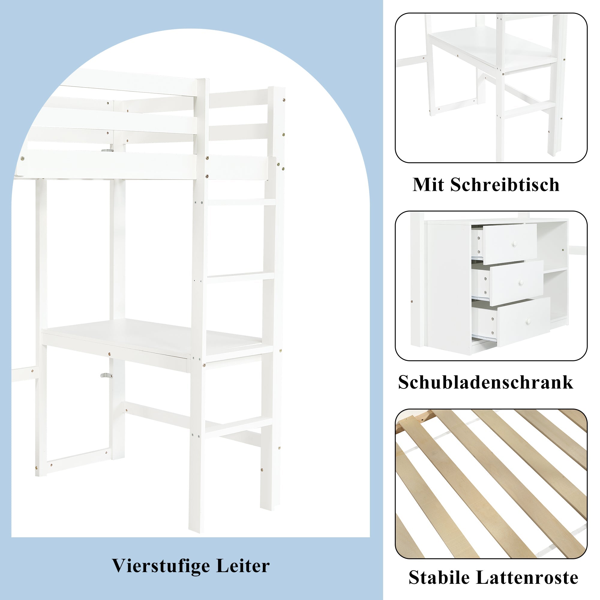 Logidon hoogslaper 90x200cm wit met bureau en opbergruimte