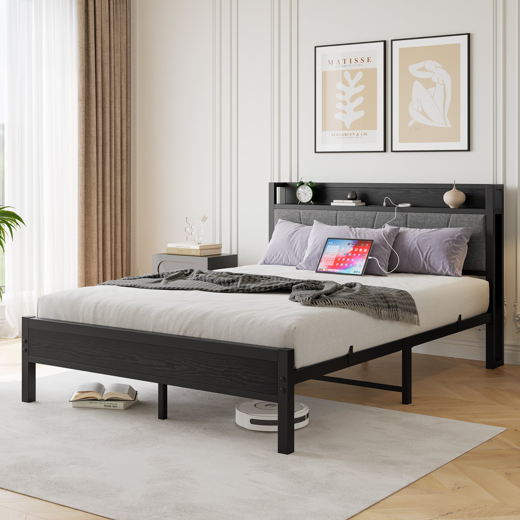 Logidon 140x200 cm bedframe zwart met LED-verlichting en USB