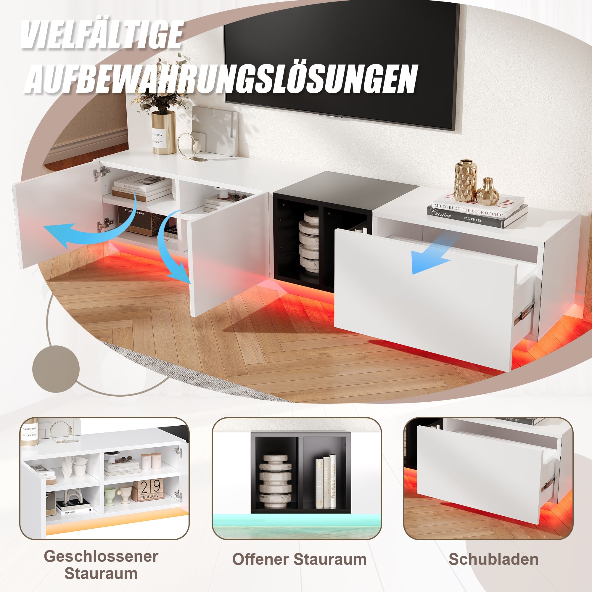 Logidon Modern TV-meubel Wit-Zwart Contrast Met Laden 190 cm