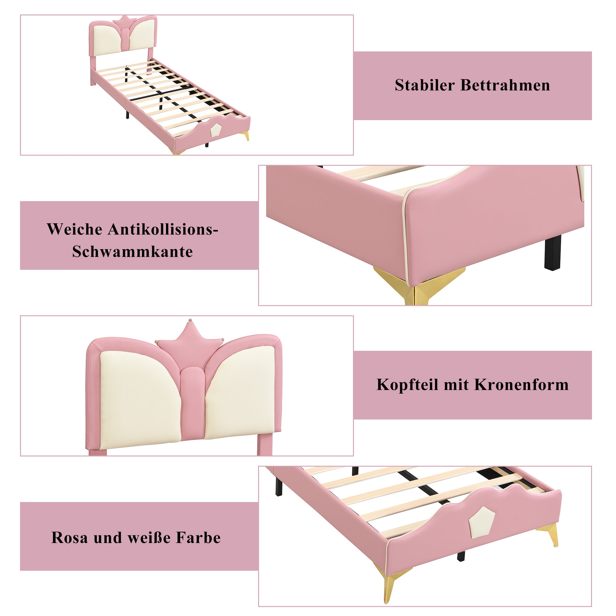 Logidon gestoffeerd bed 90x200cm roze wit kroonvormig hoofdeinde