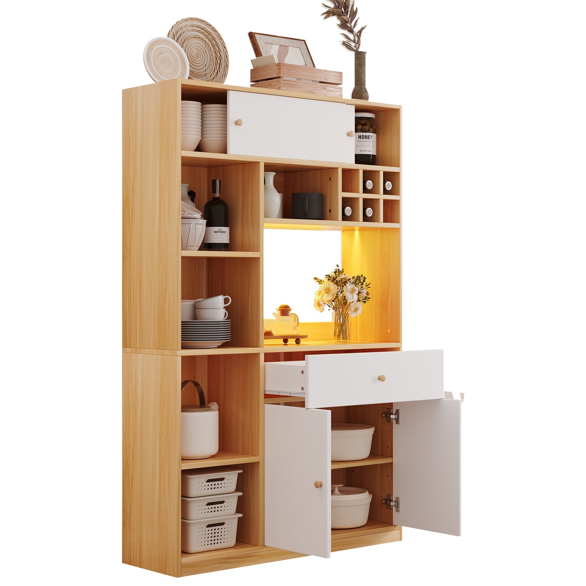 Logidon keukenkast buffet met LED-verlichting, 115x35x180 cm, naturel