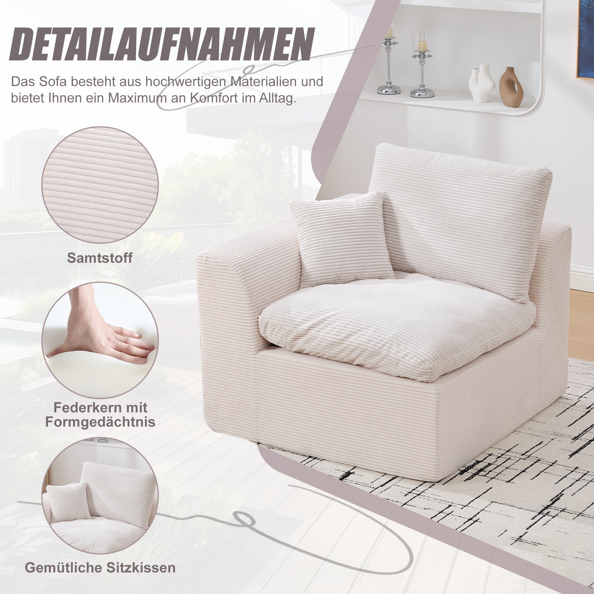 Logidon moderne 1-zits stoffen bank beige corduroy stof met kussens