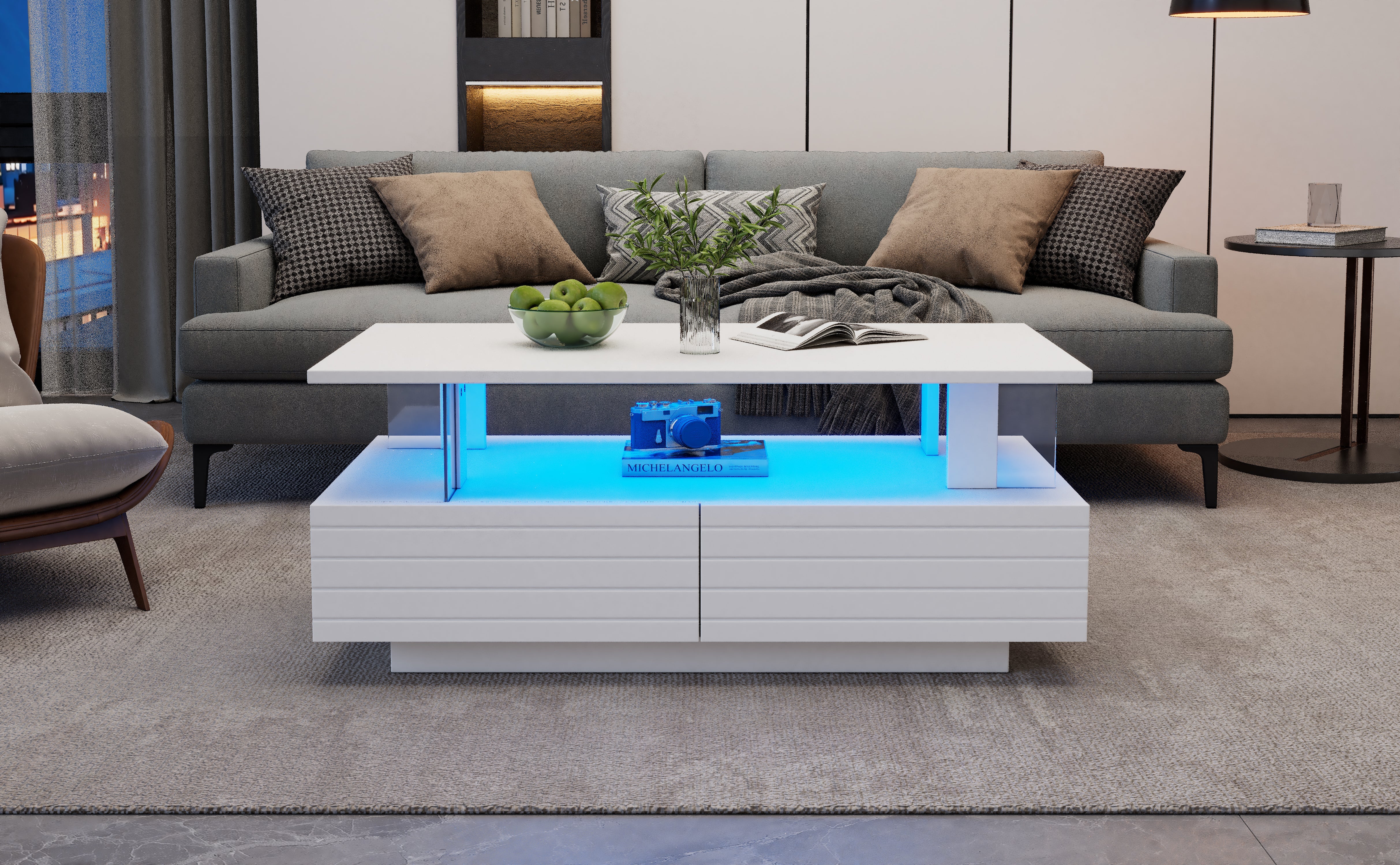 Logidon Witte LED Salontafel met Opbergruimte Bluetooth App Bediening 100x50x42 Cm