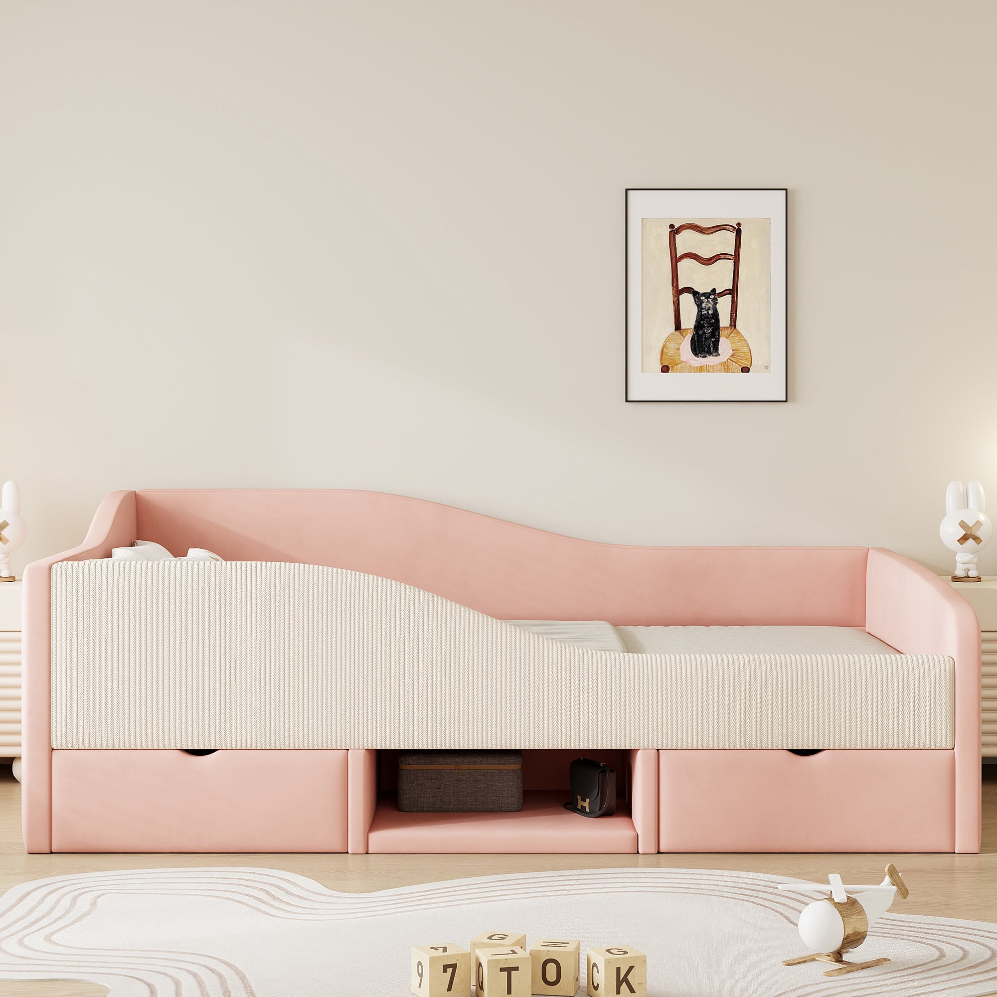 Logidon gestoffeerd bed 90x190 roze crème wit fluweel stof twee lades