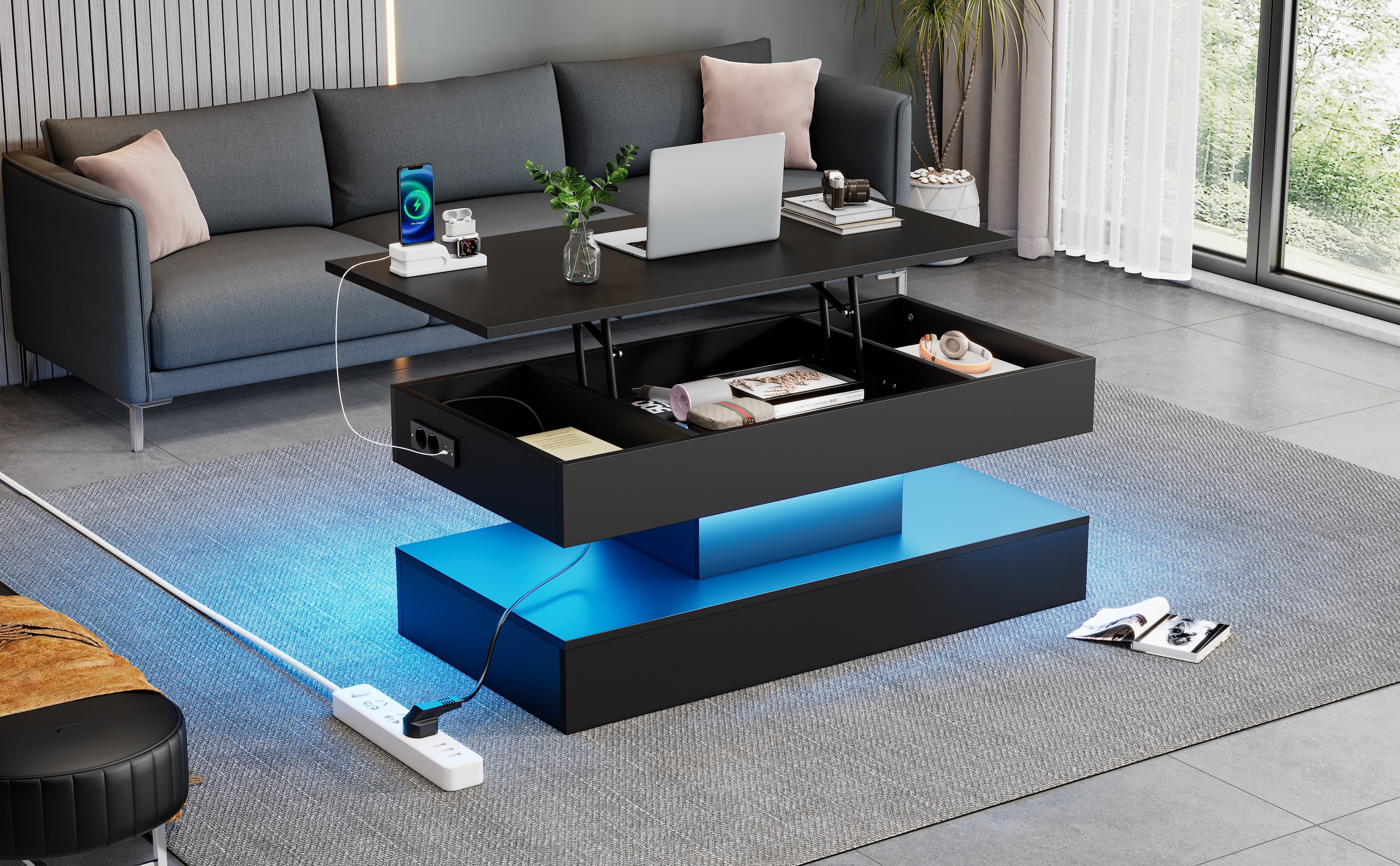Logidon LED Salontafel met verborgen opbergruimte 100x50 cm Zwart