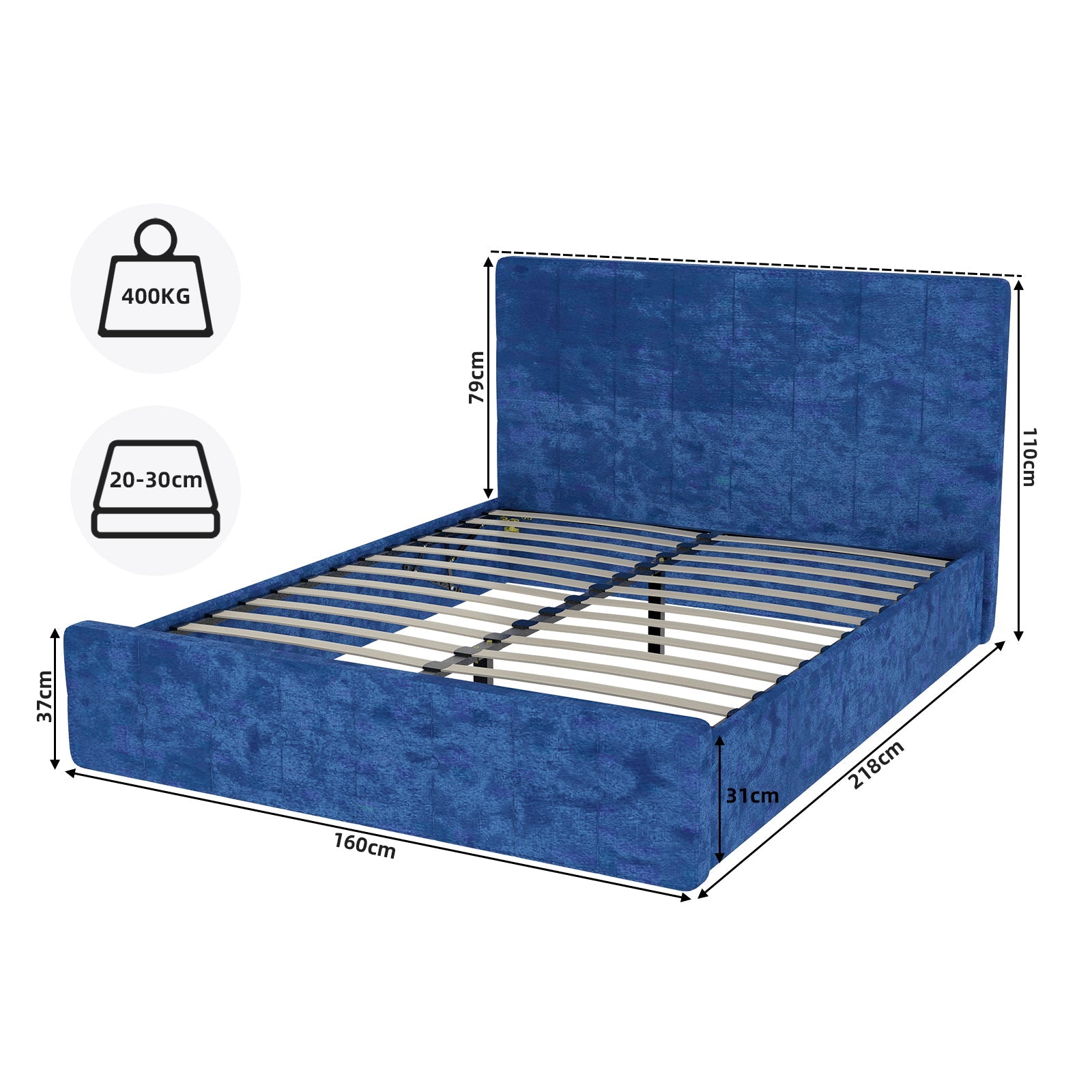 Logidon fluwelen bed 160x200 met hoofdbord en opbergruimte blauw