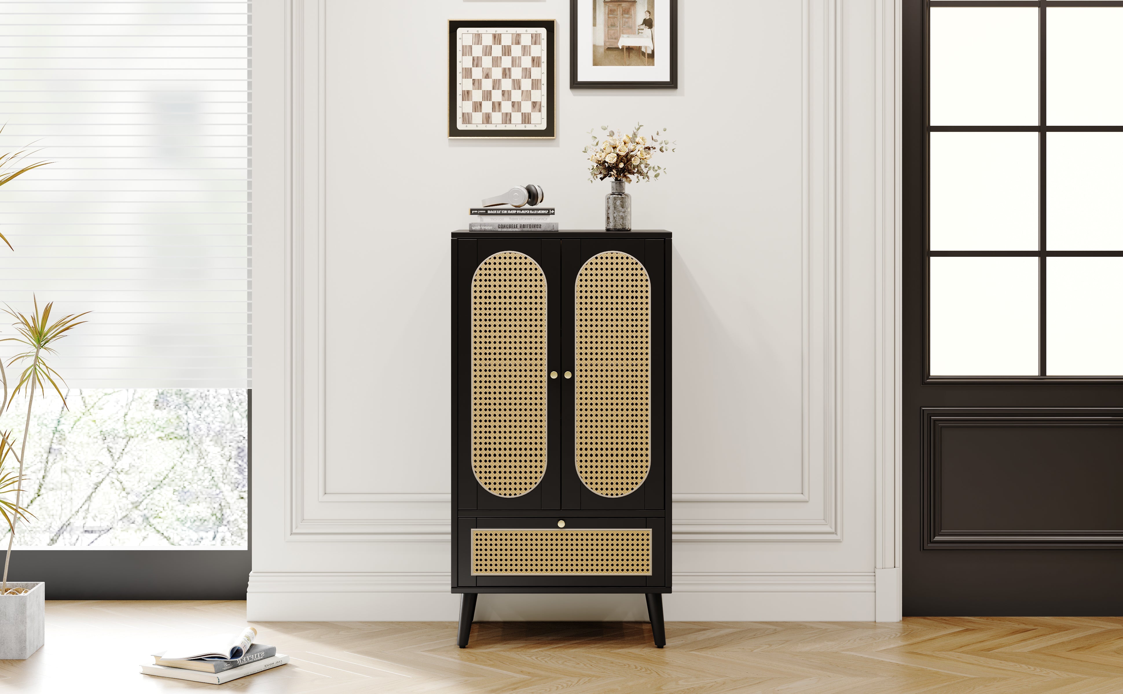 Logidon Compact Dressoir 1,1 m Zwart Rotan 2 Deurs 1 Lade