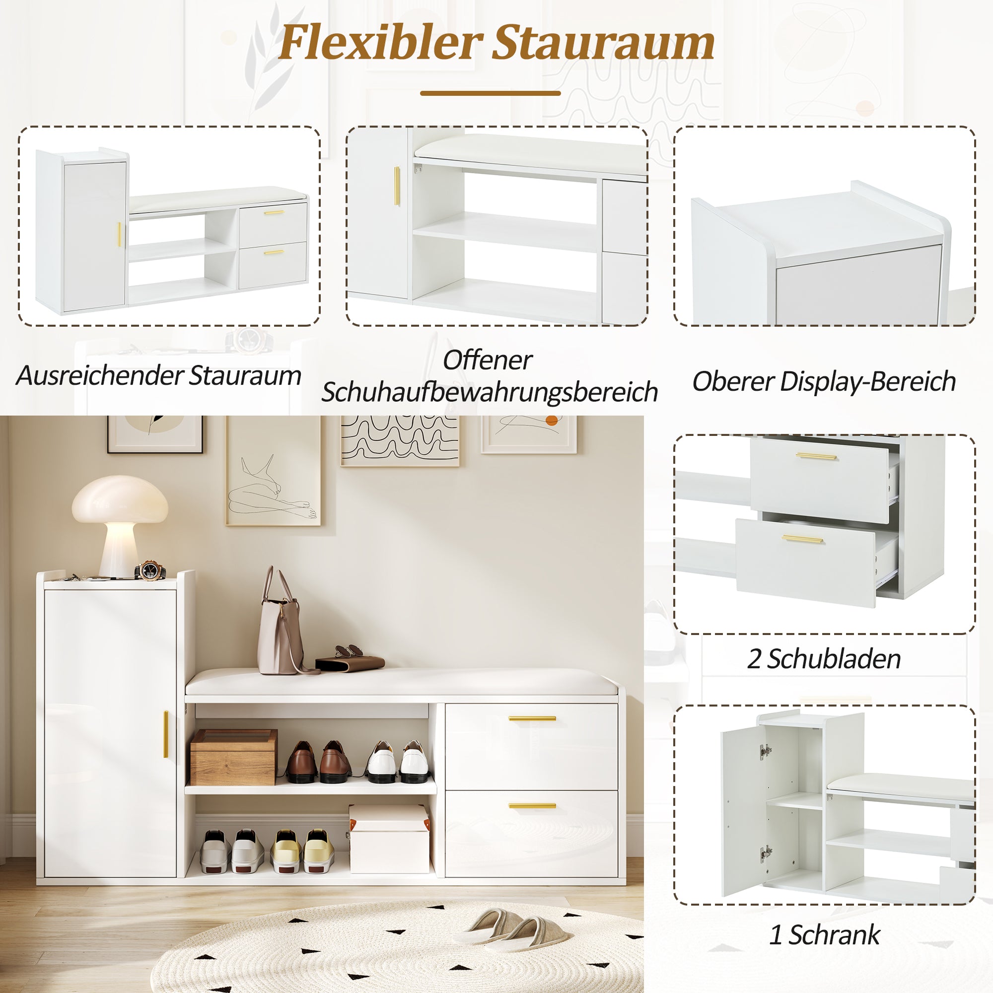 Logidon schoenenbank wit hoogglans 128x30x68 cm met 2 lades