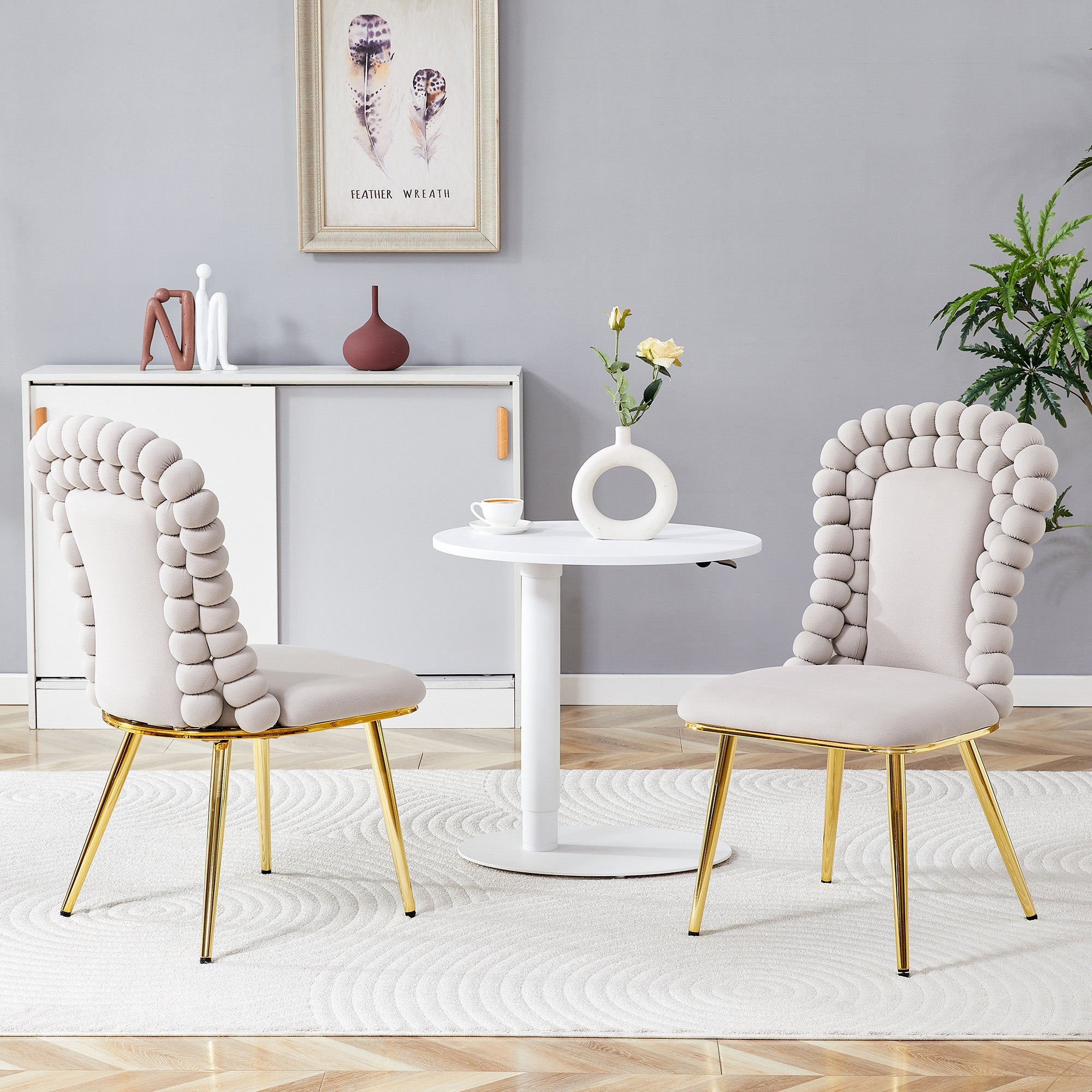 Logidon Set van 2 lichtgrijze fluwelen eetkamerstoelen met rugleuning met kogelketting