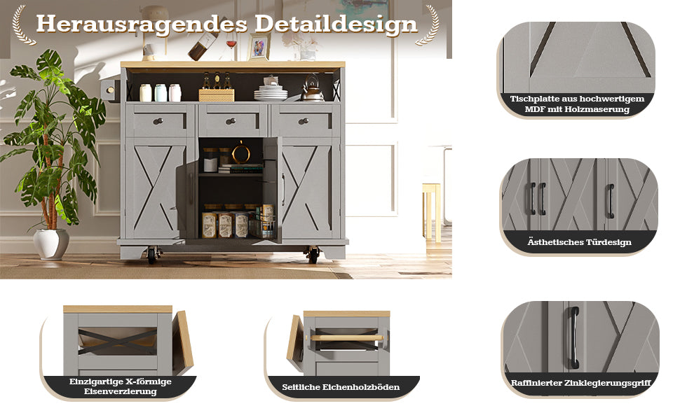 Logidon keukeneiland grijs met veel opbergruimte 118 x 43-80 x 98 cm