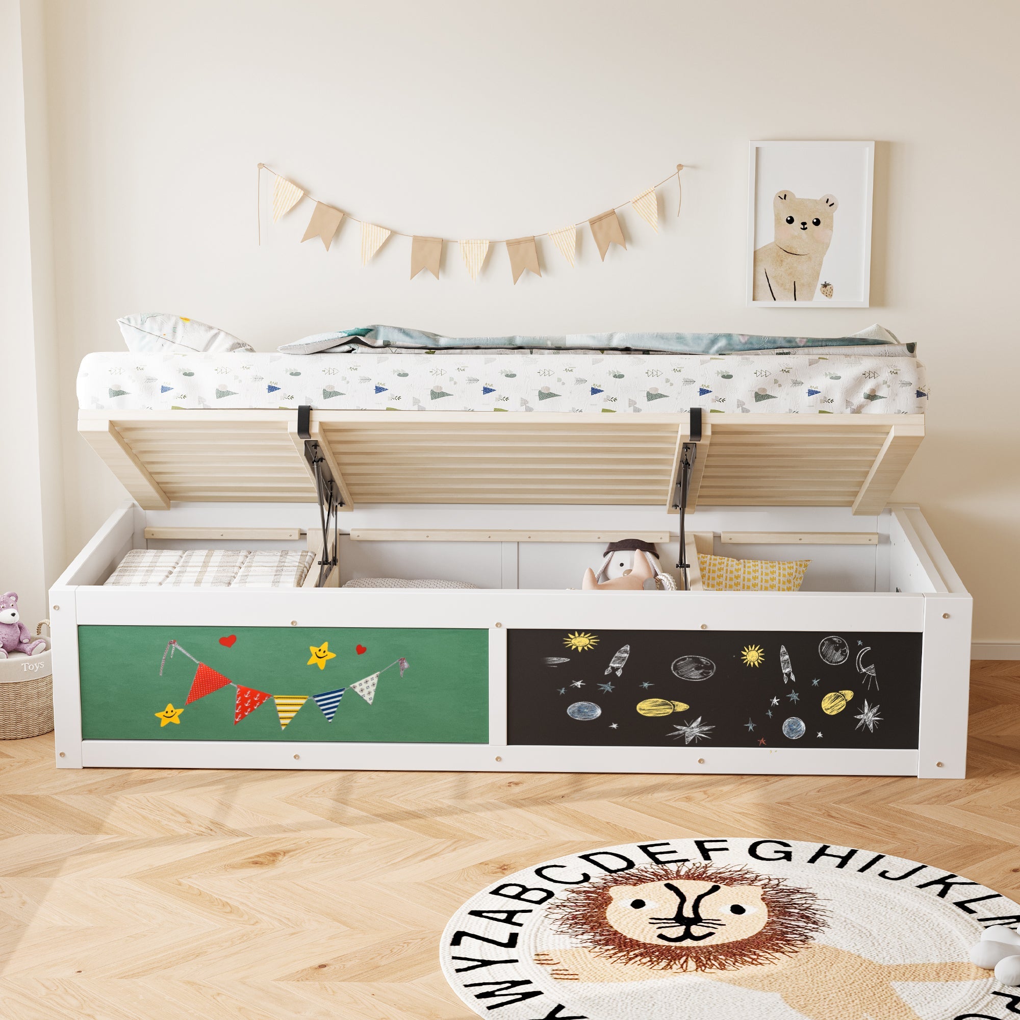 Logidon Houten Bed 90x200 cm met Hydraulisch Opbergvak Schrijfbord Wit