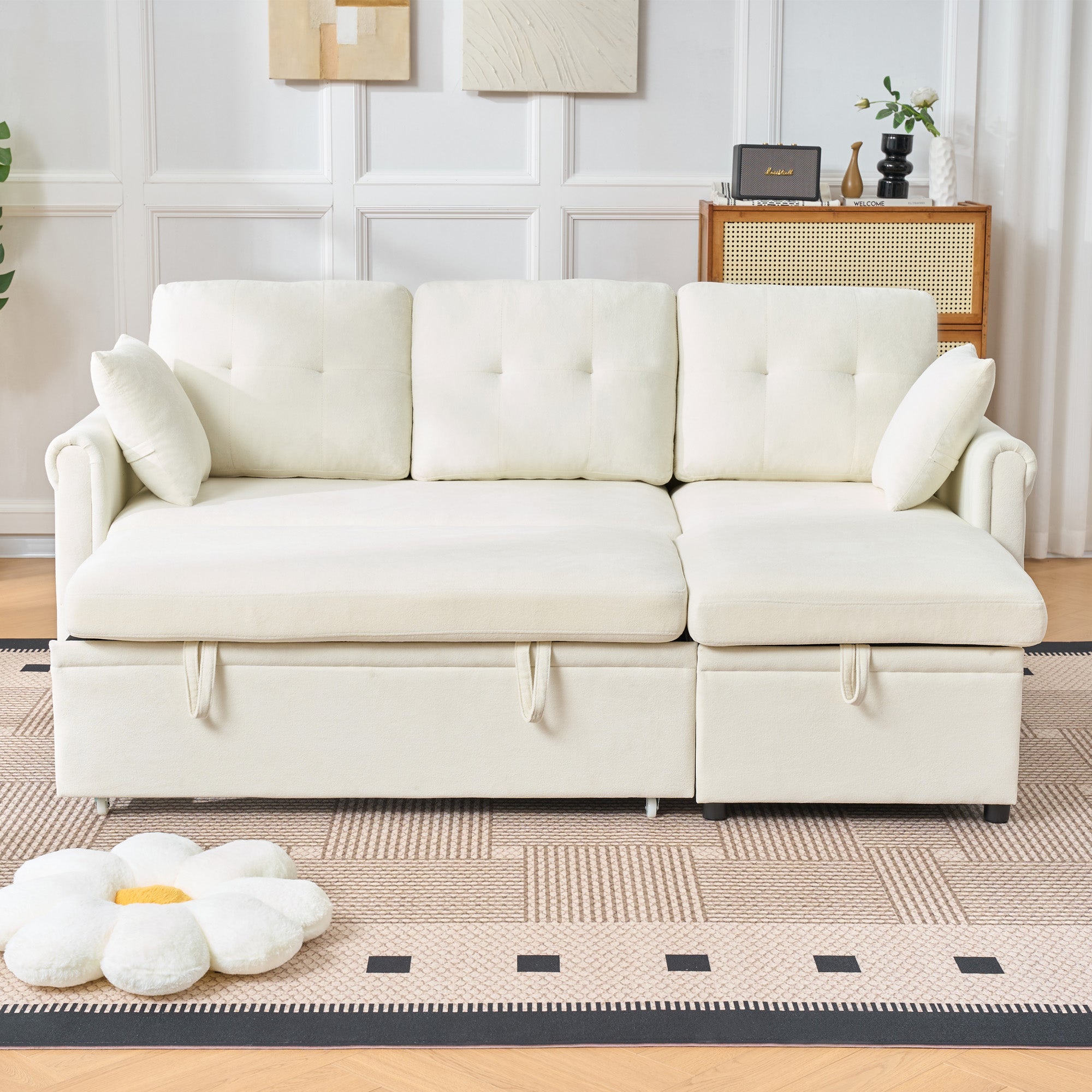 Logidon hoekslaapbank slaapfunctie L-vorm chenille beige