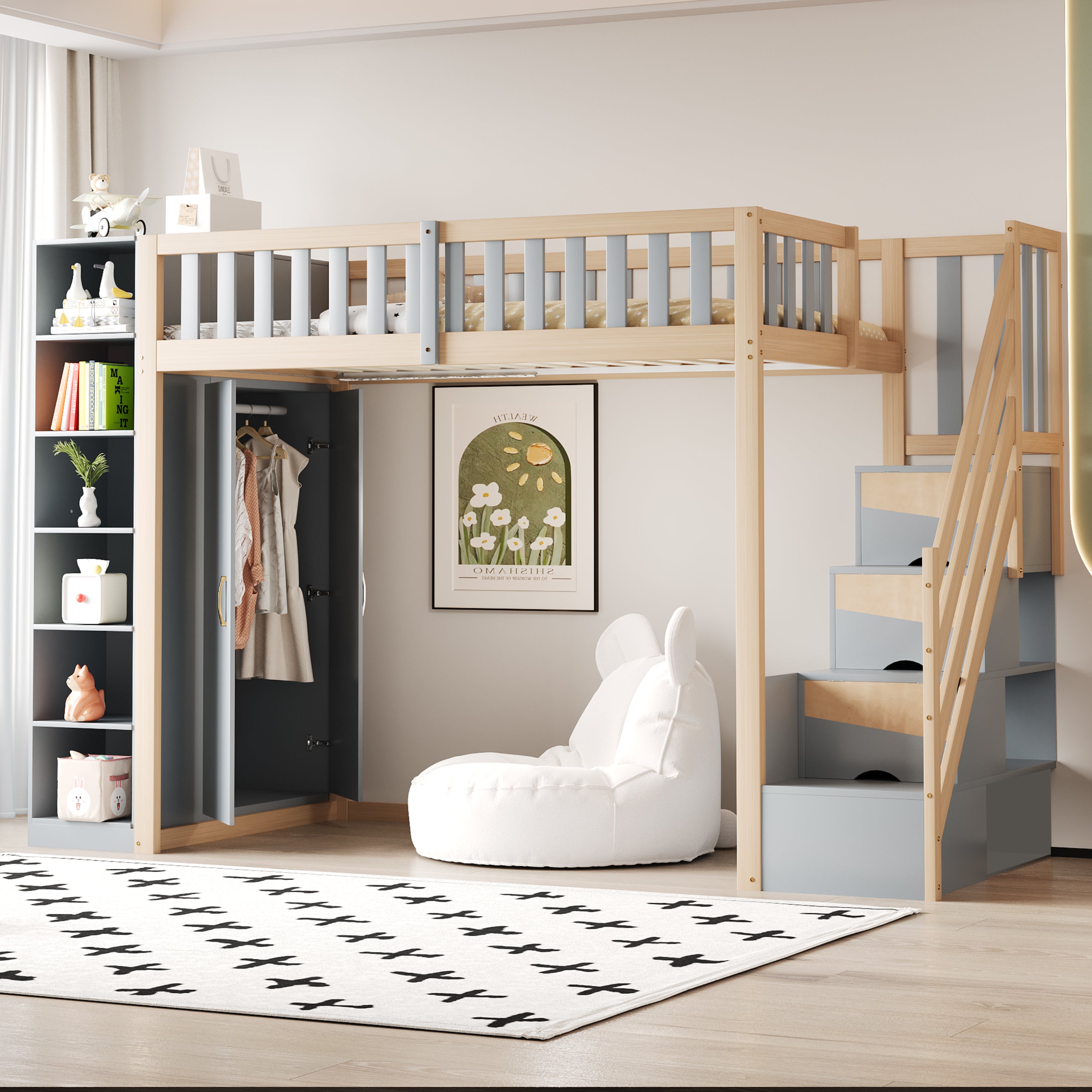 Logidon hoogslaper 90x200 multifunctioneel grijs natuurlijk hout met planken