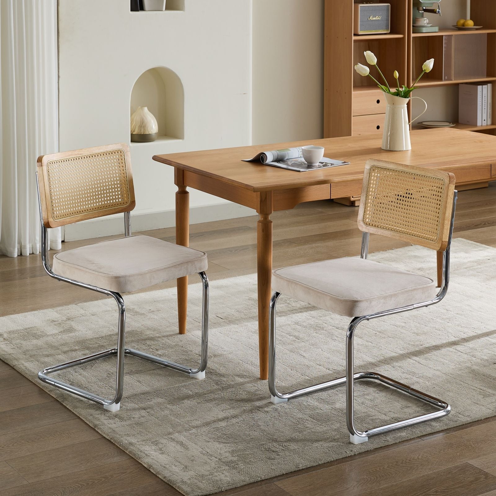 Logidon eettafel stoelen set van 2 velours zitting rotan rugleuning chroom frame beige
