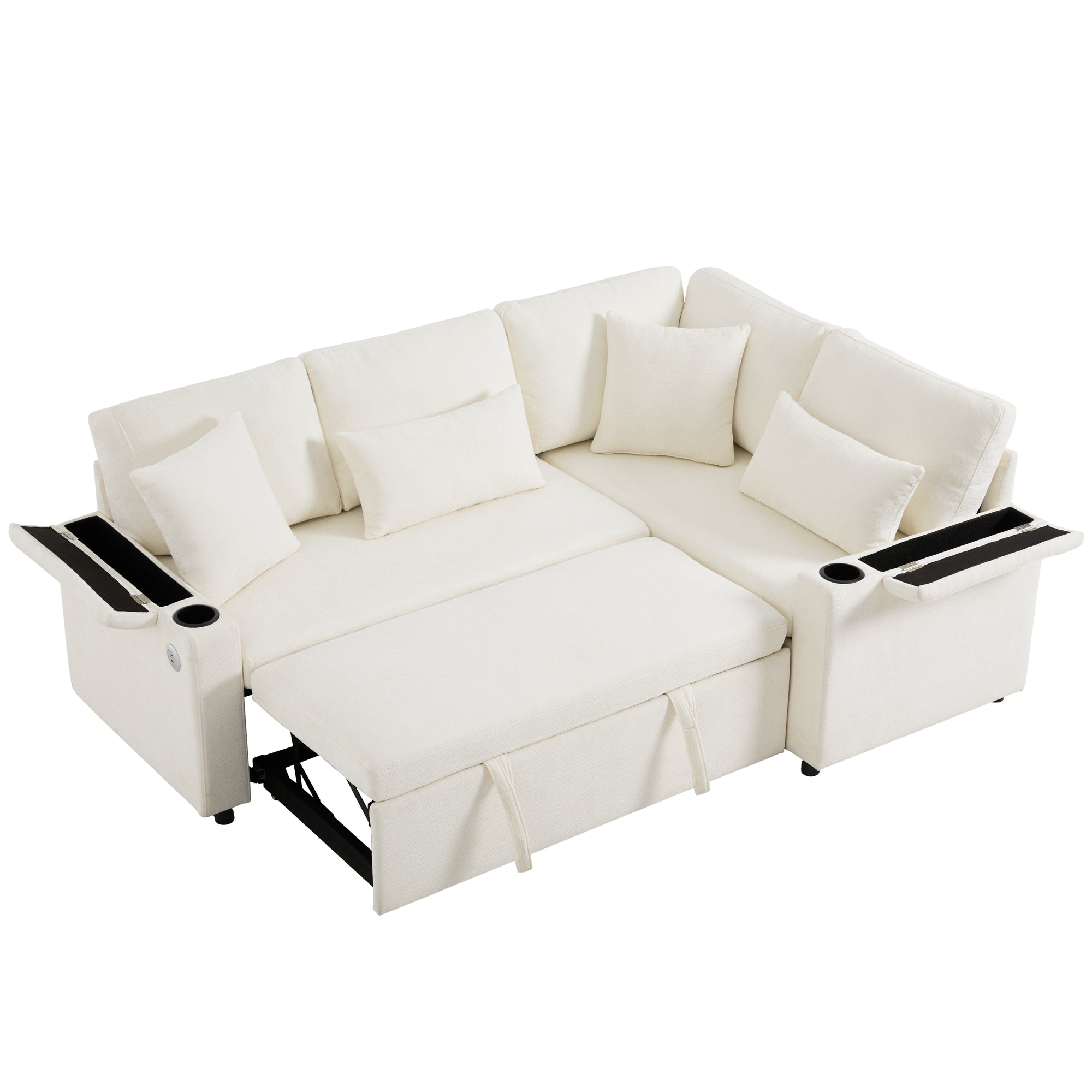 Logidon L-vorm hoekbank beige slaapbank opbergruimte USB-oplaadpoort