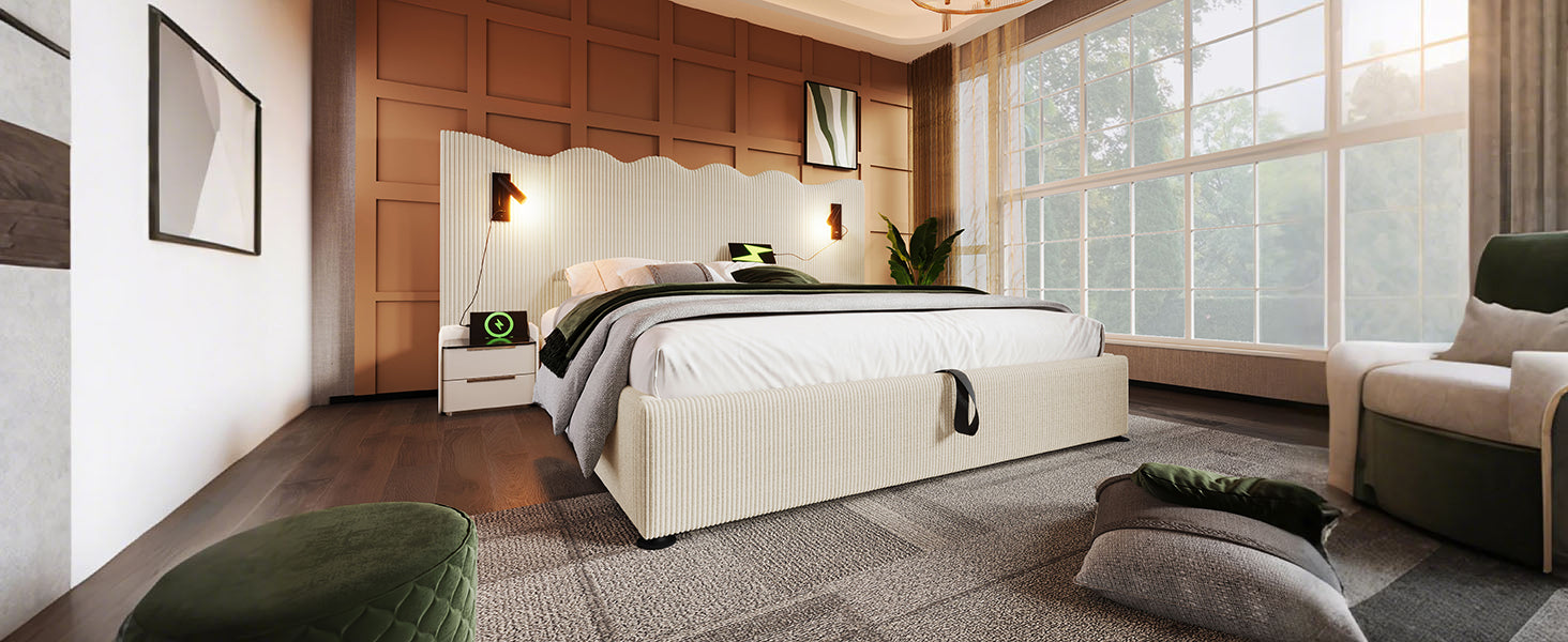 Logidon gestoffeerd bed tweepersoonsbed 180x200 beige-wit leeslamp USB-C opladen