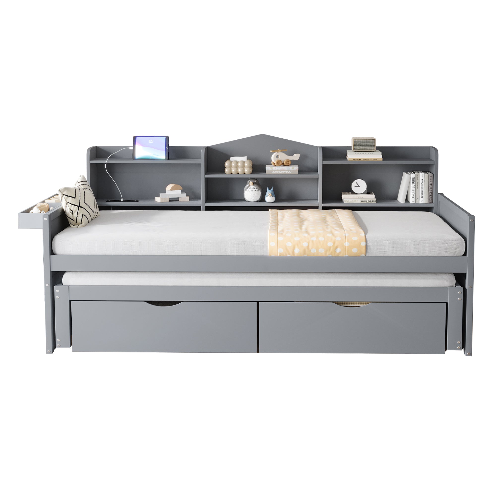 Logidon slaapbank 90x200 grijs met uitschuifbaar bed 90x190 USB