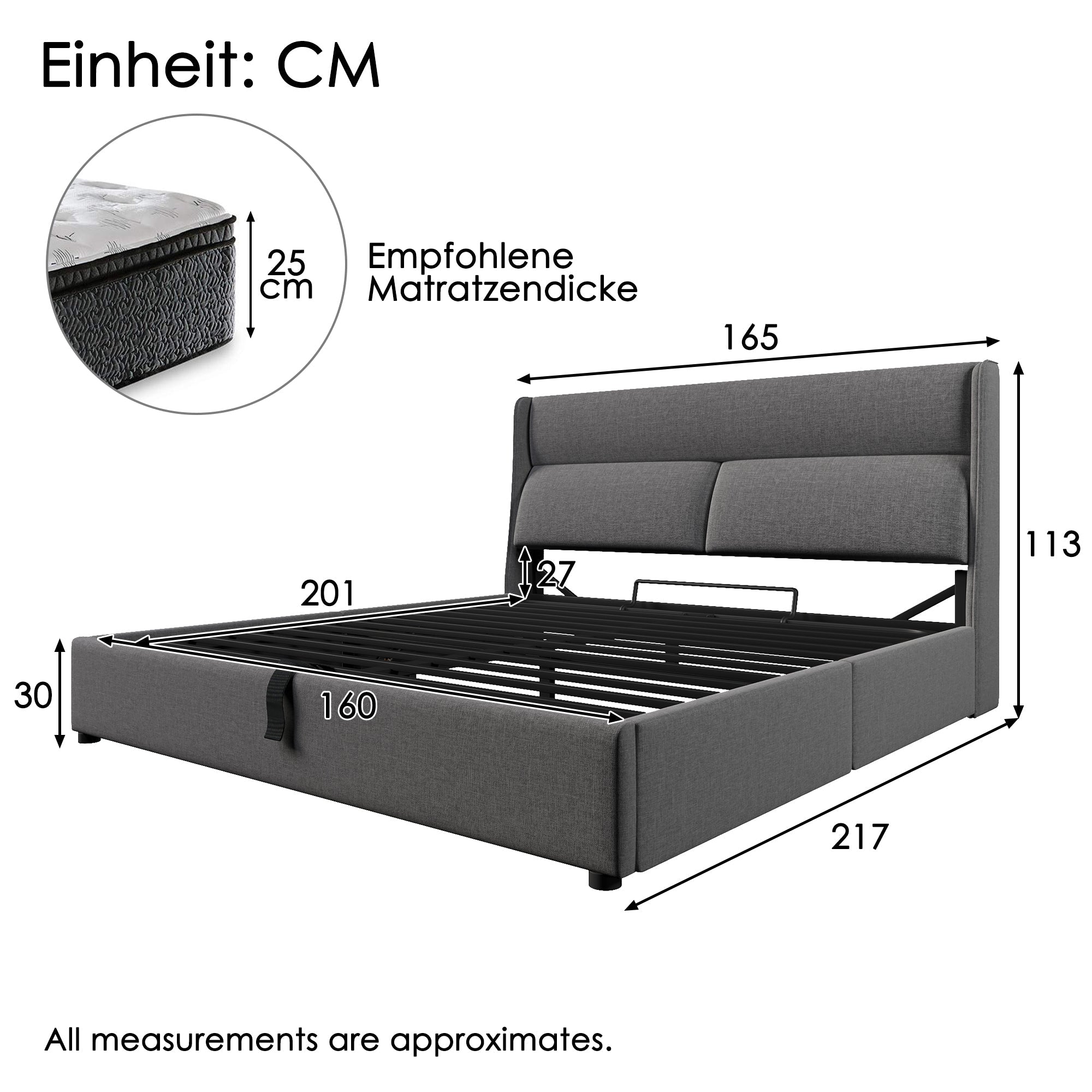 Logidon gestoffeerd bed 160x200 grijs met verstelbare hoofdsteunen