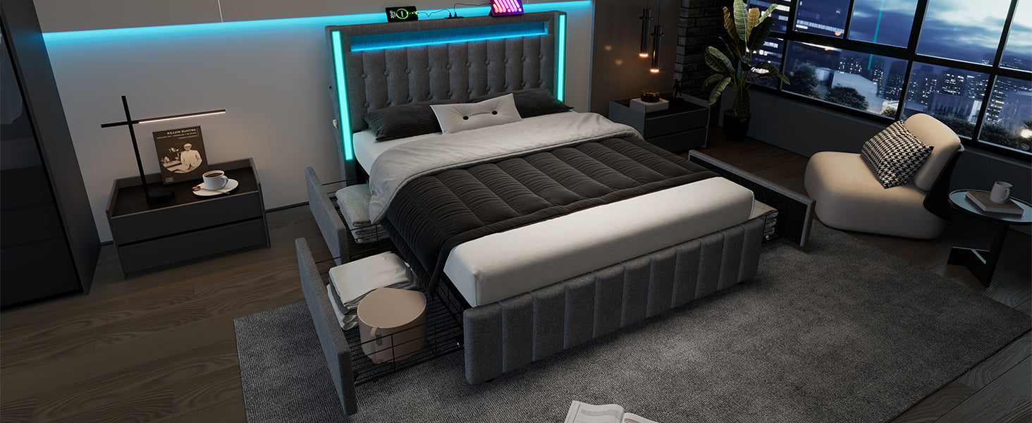 Logidon upholstered bed 160x200 USB C charging function LED lighting 4 drawers gray