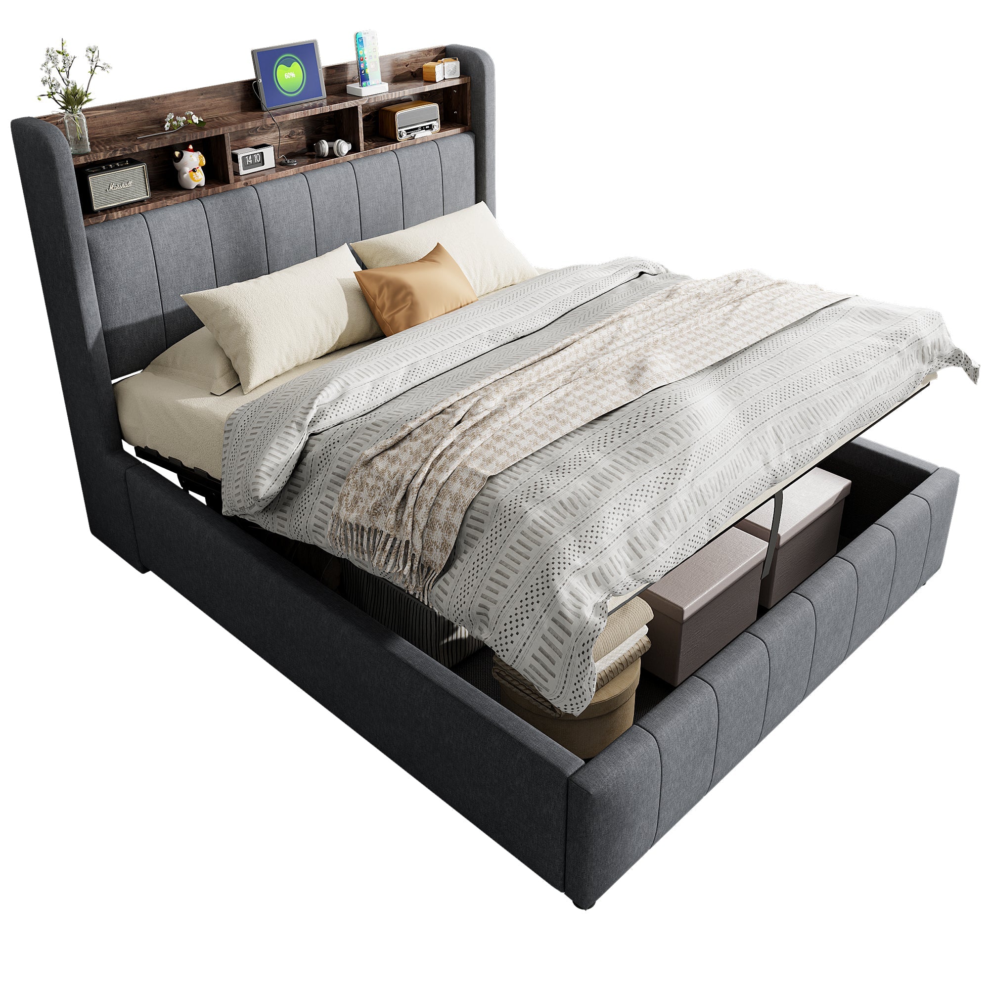 Logidon gestoffeerd bed 140x200 cm grijs met LED verlichting USB opbergruimte