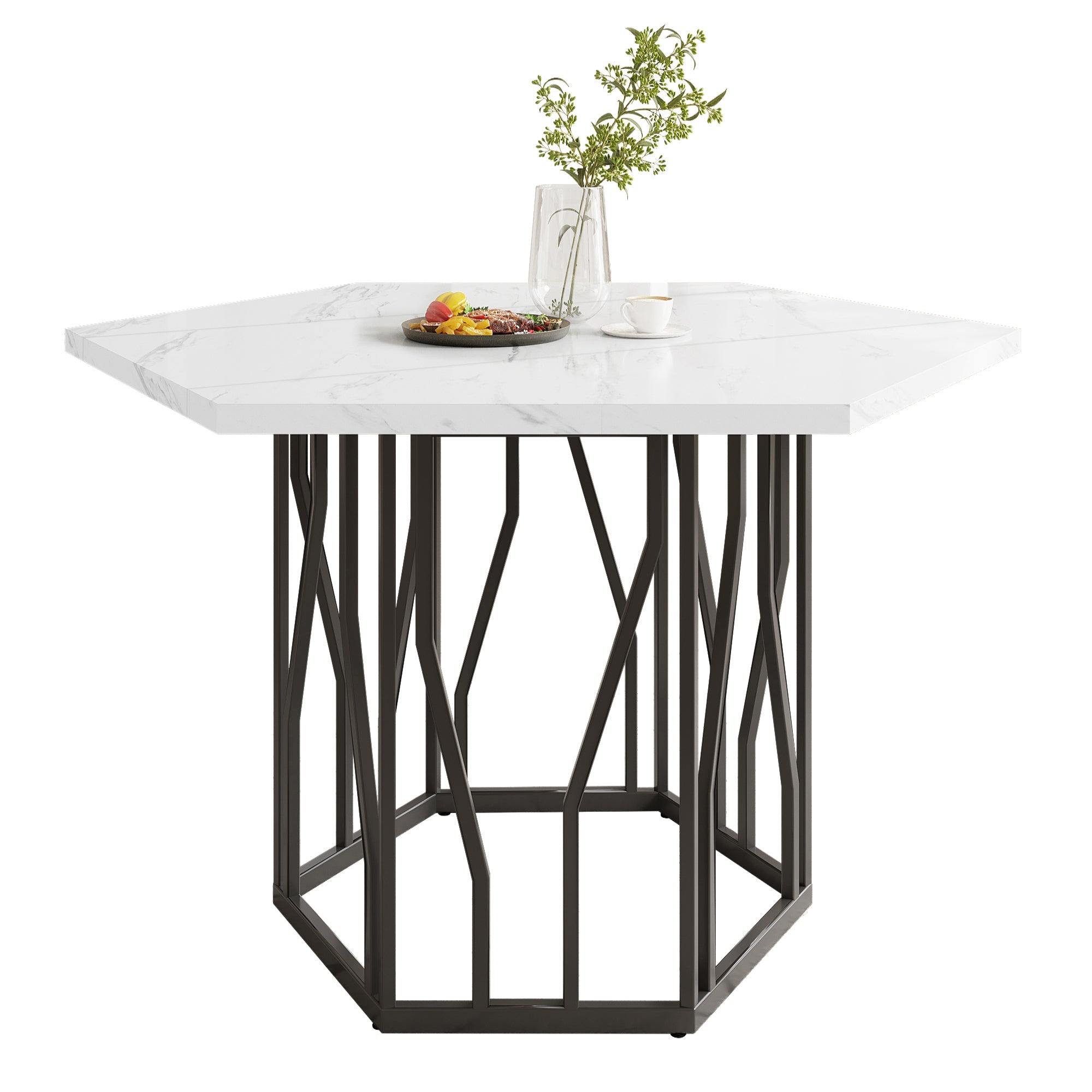Logidon Hexagon marmeren witte eettafelset en zwart fluwelen stoelen