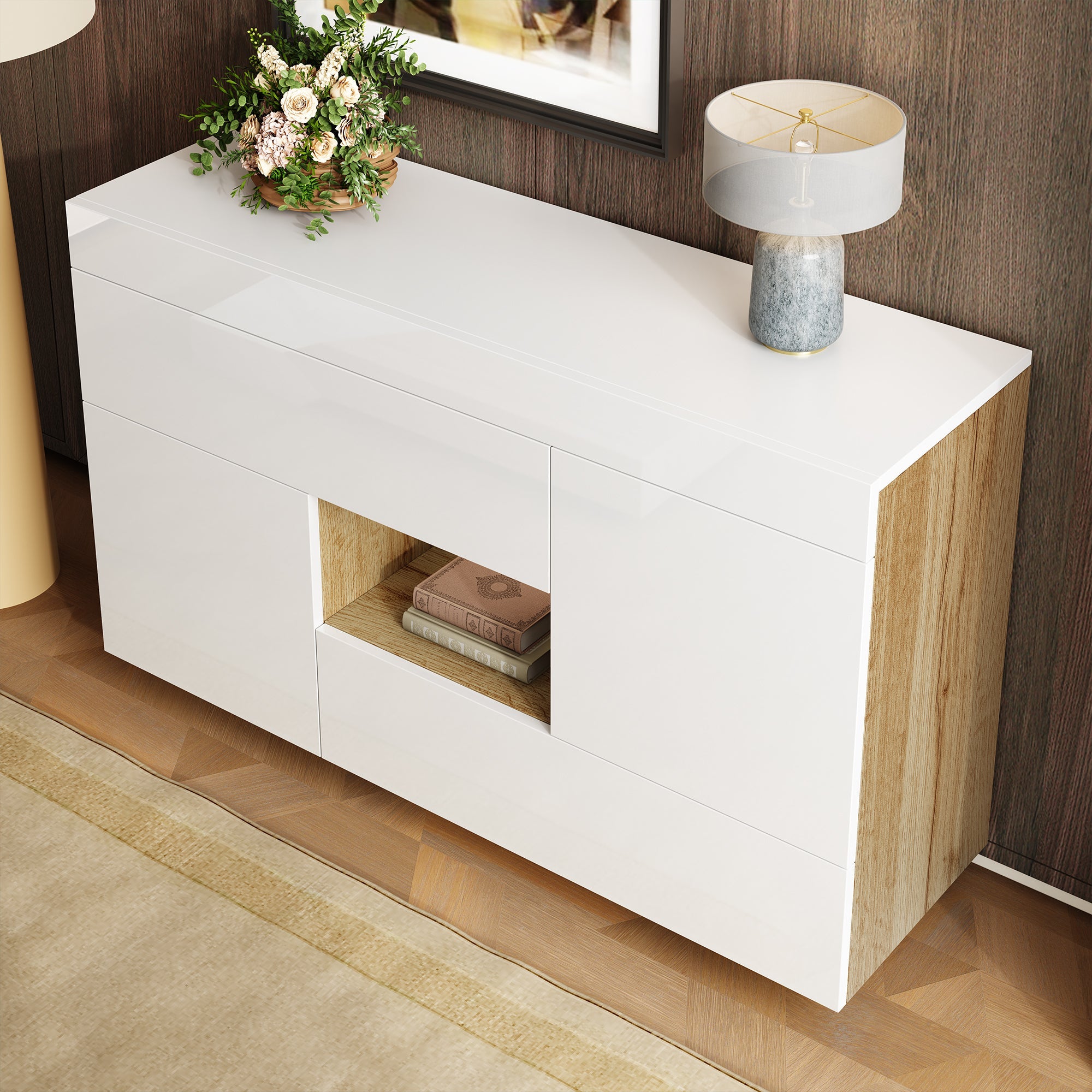 Logidon dressoir hoogglans wit vitrinekast LED 16 kleuren 120x37x76,5 cm