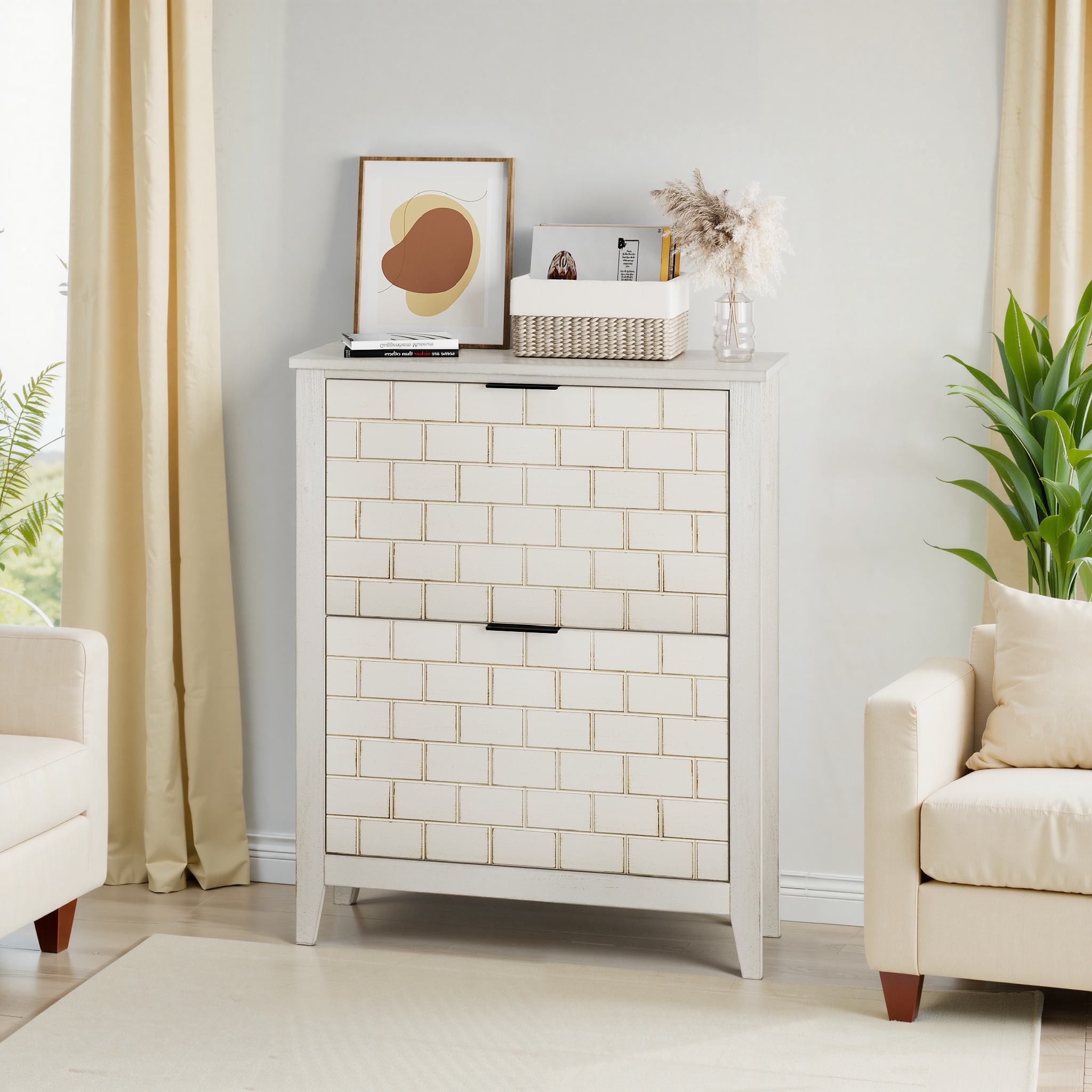 Logidon 80 cm vintage schoenenkast wit met 2 inklapbare lades