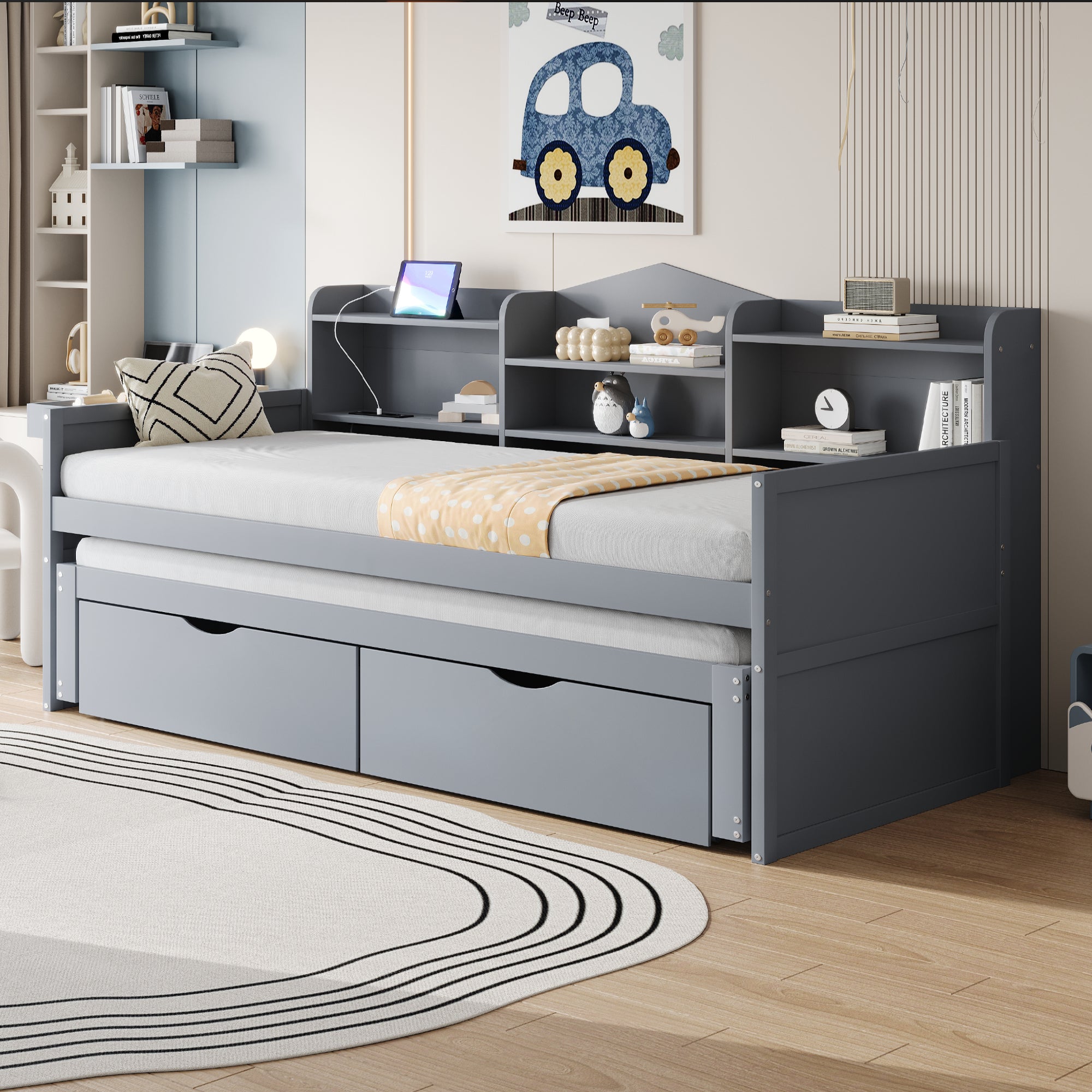 Logidon slaapbank 90x200 grijs met uitschuifbaar bed 90x190 USB