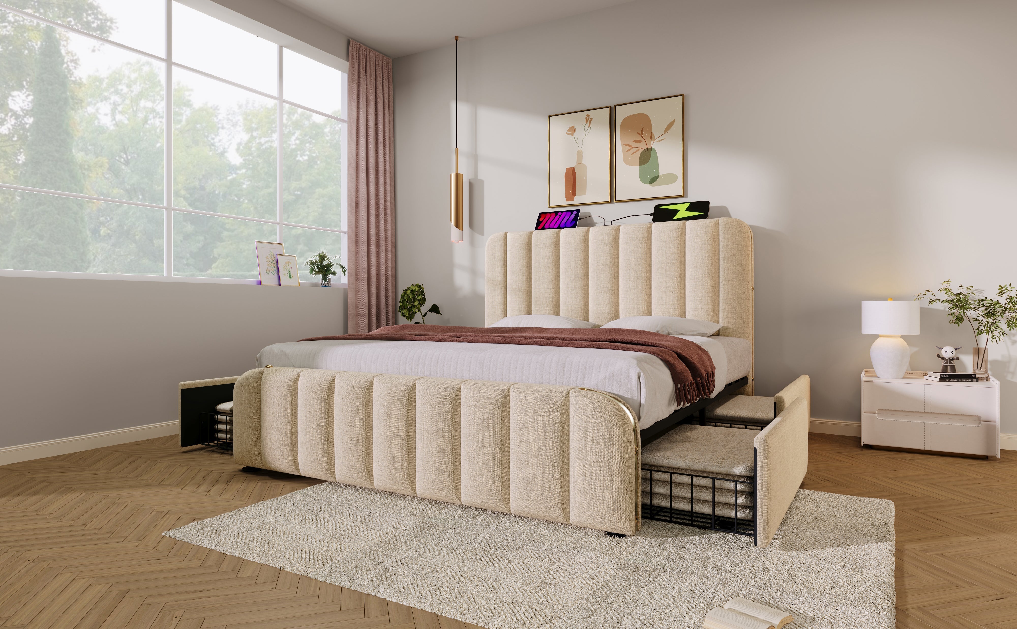 Logidon gestoffeerd bed 160x200 beige linnen USB C oplaadfunctie