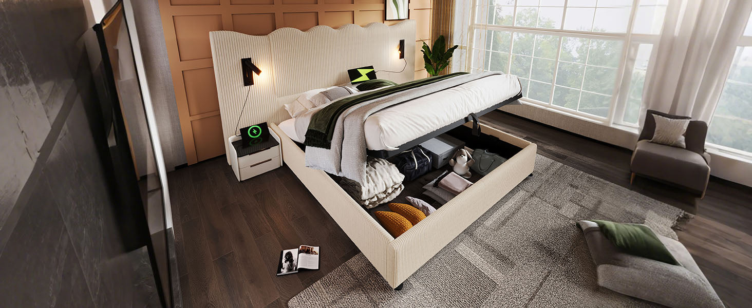 Logidon gestoffeerd bed tweepersoonsbed 180x200 beige-wit leeslamp USB-C opladen