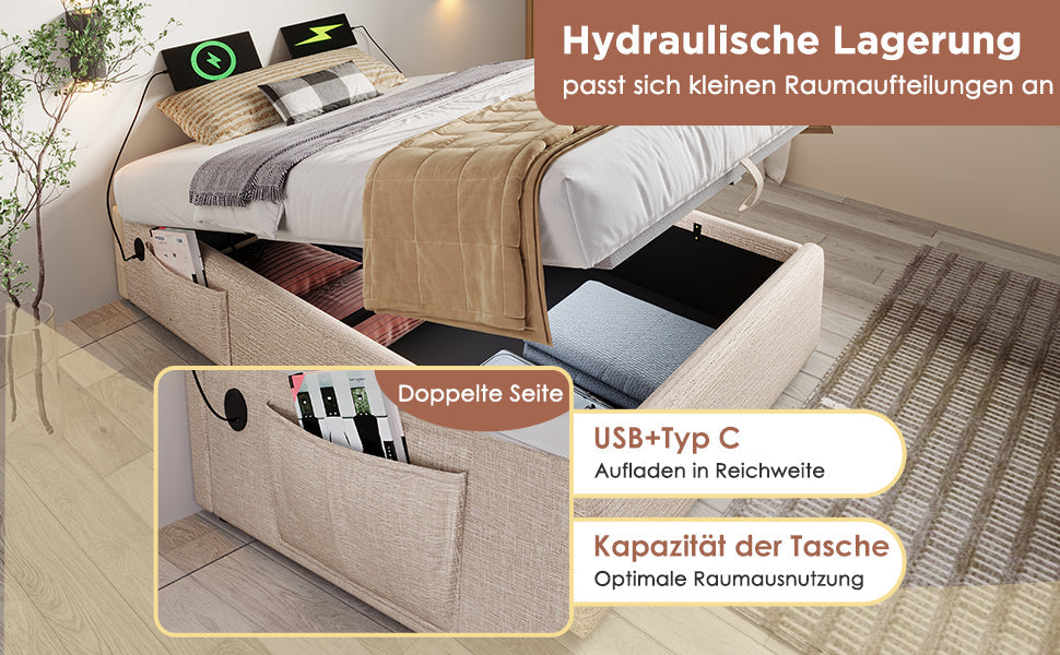 Logidon gestoffeerd bed 90x200 naturel linnen USB C opladen volledige lattenbodem