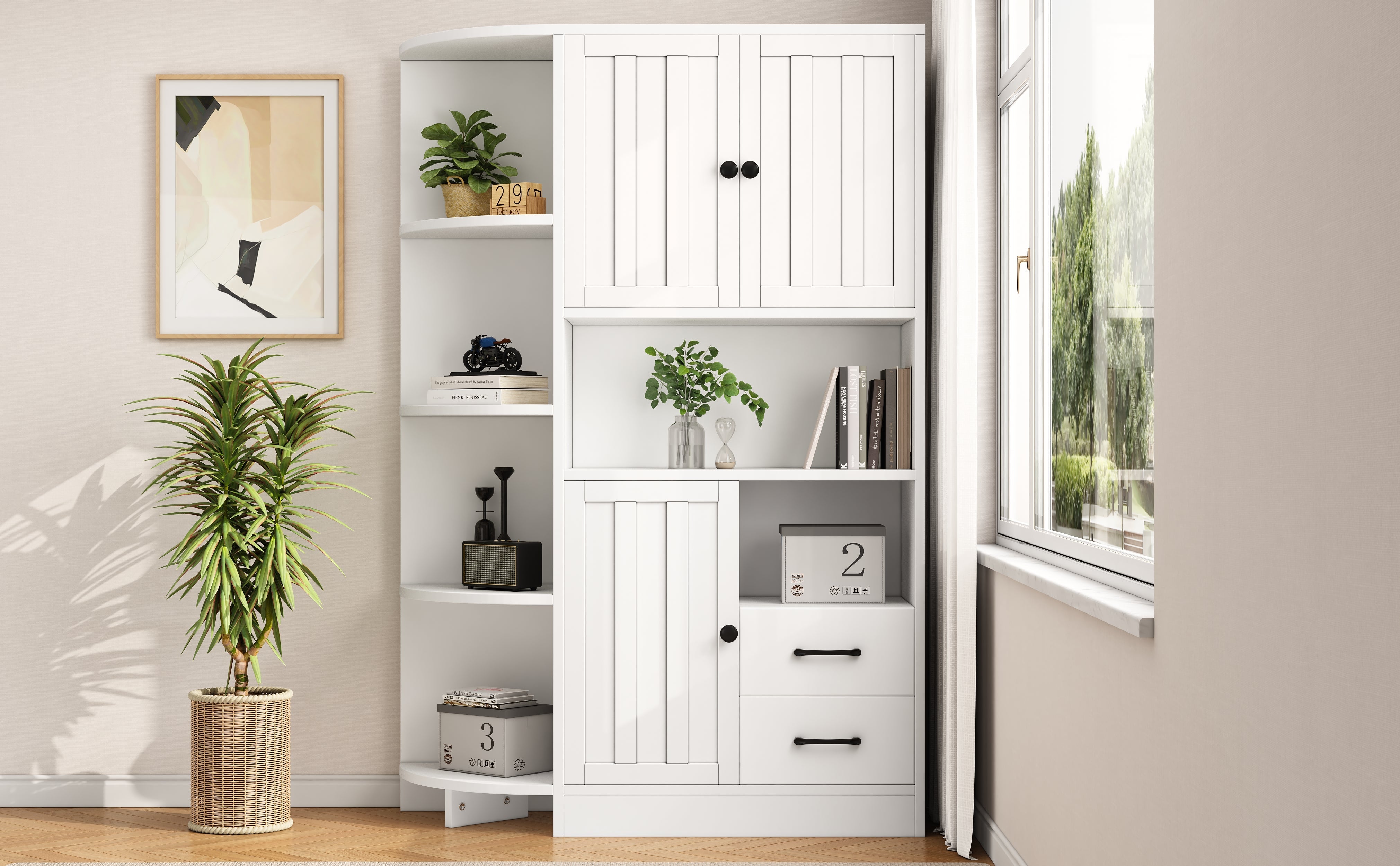 Logidon corner cabinet white 104x35x155 cm display cabinet 3 doors 2 drawers