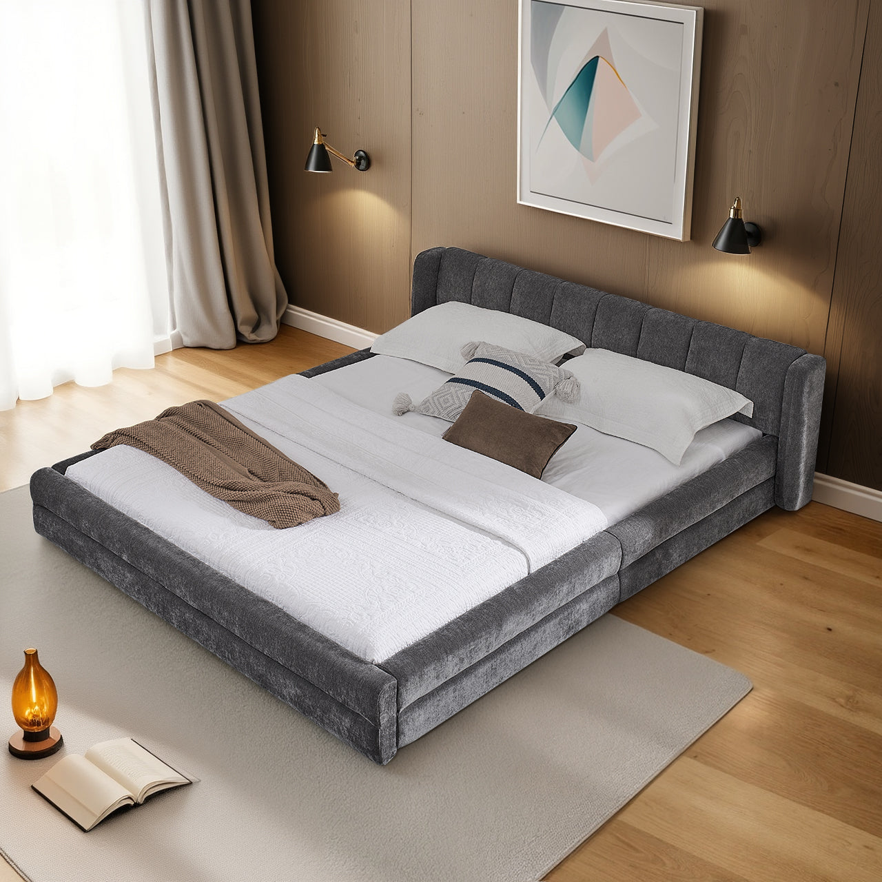 Logidon tweepersoonsbed 140x200 cm donkergrijs chenille met rugleuning