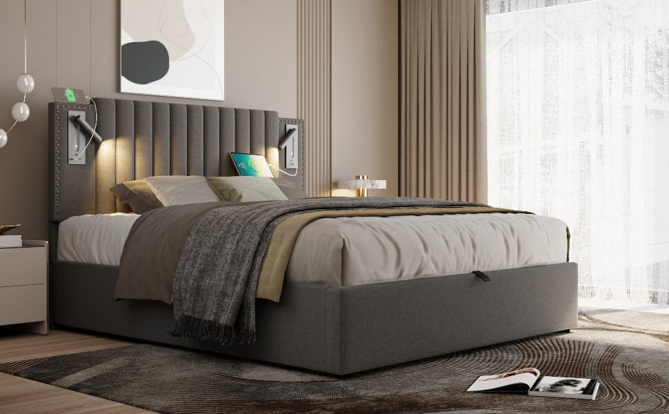 Logidon gestoffeerd bed 160x200 met opbergruimte en USB-leesapparaat lichtgrijs