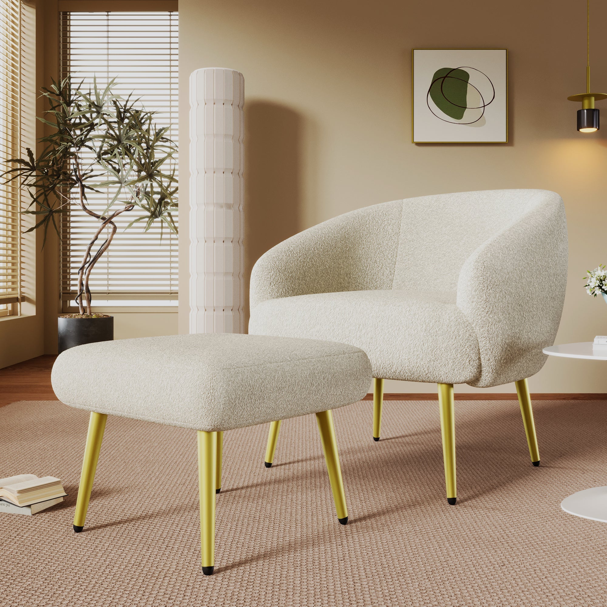 Logidon Modern Sherpa Upholstered Chair with Footstool White Gold Legs