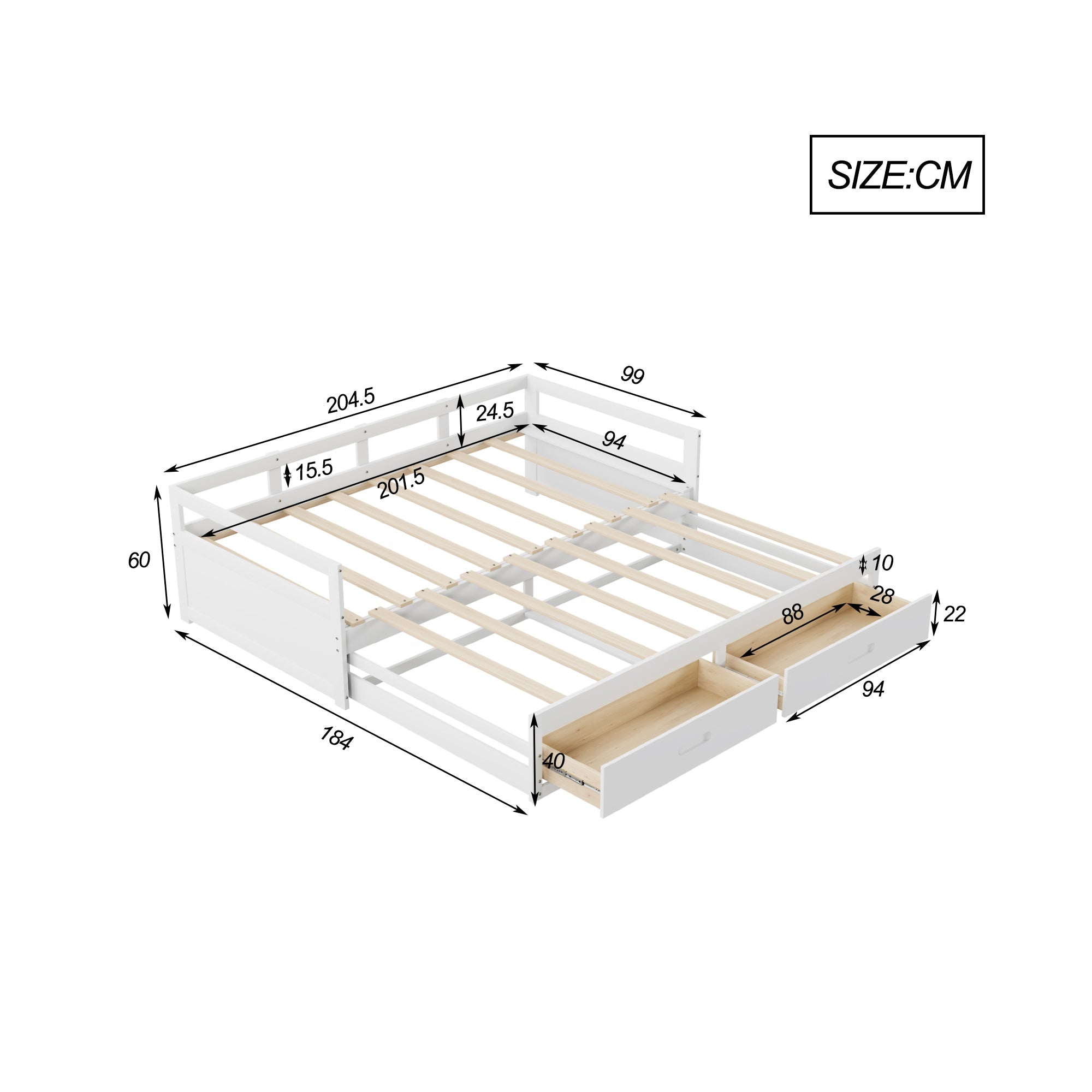 Logidon Uitschuifbare slaapbank met lades 90/180 x 200 cm wit