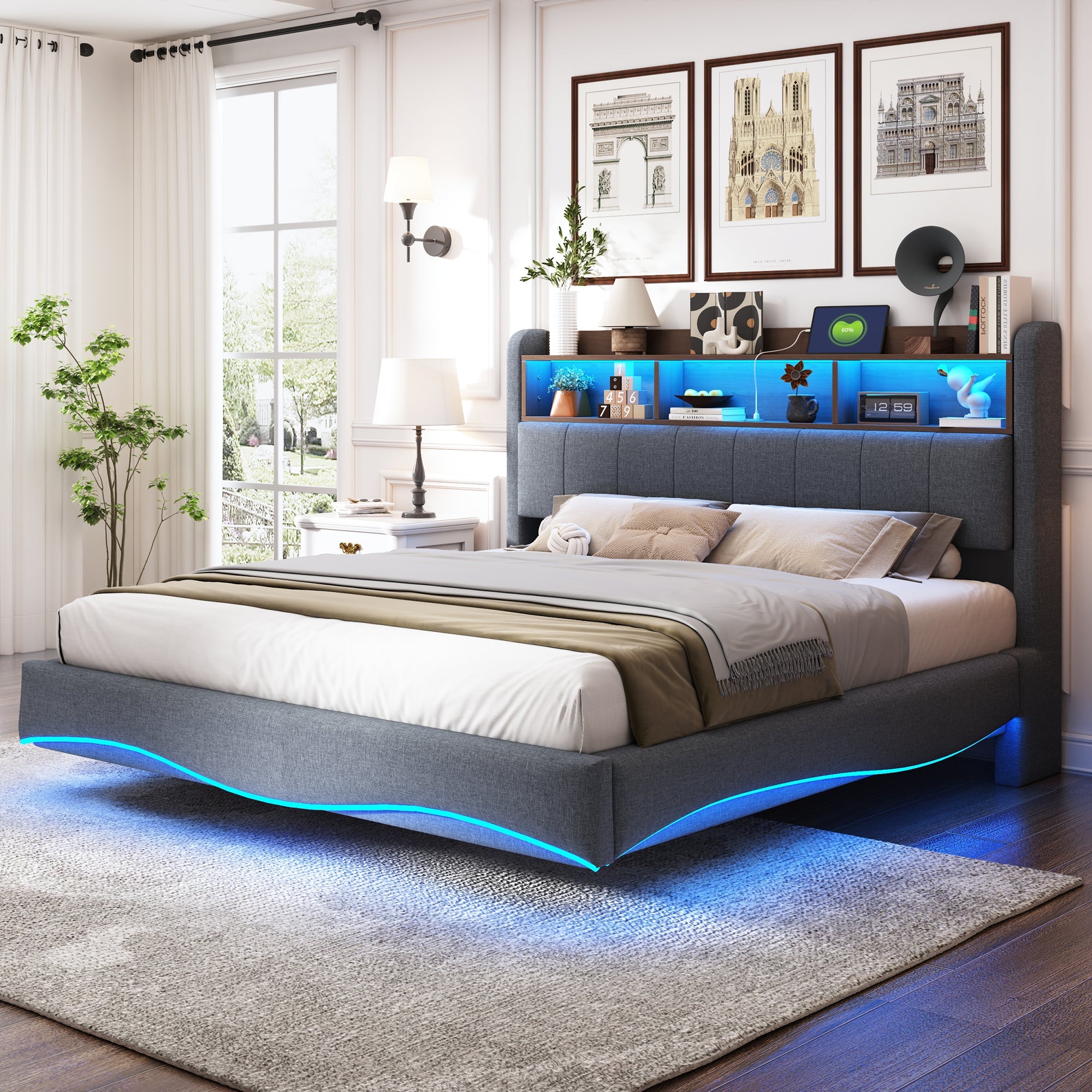 Logidon hangend gestoffeerd bed 160x200 grijs met LED-licht USB TypeC