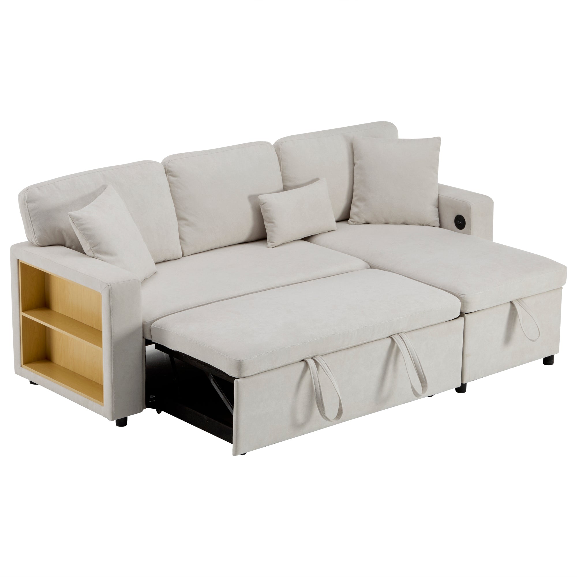 Logidon hoekslaapbank L-vorm uitschuifbaar beige met bedkastplank