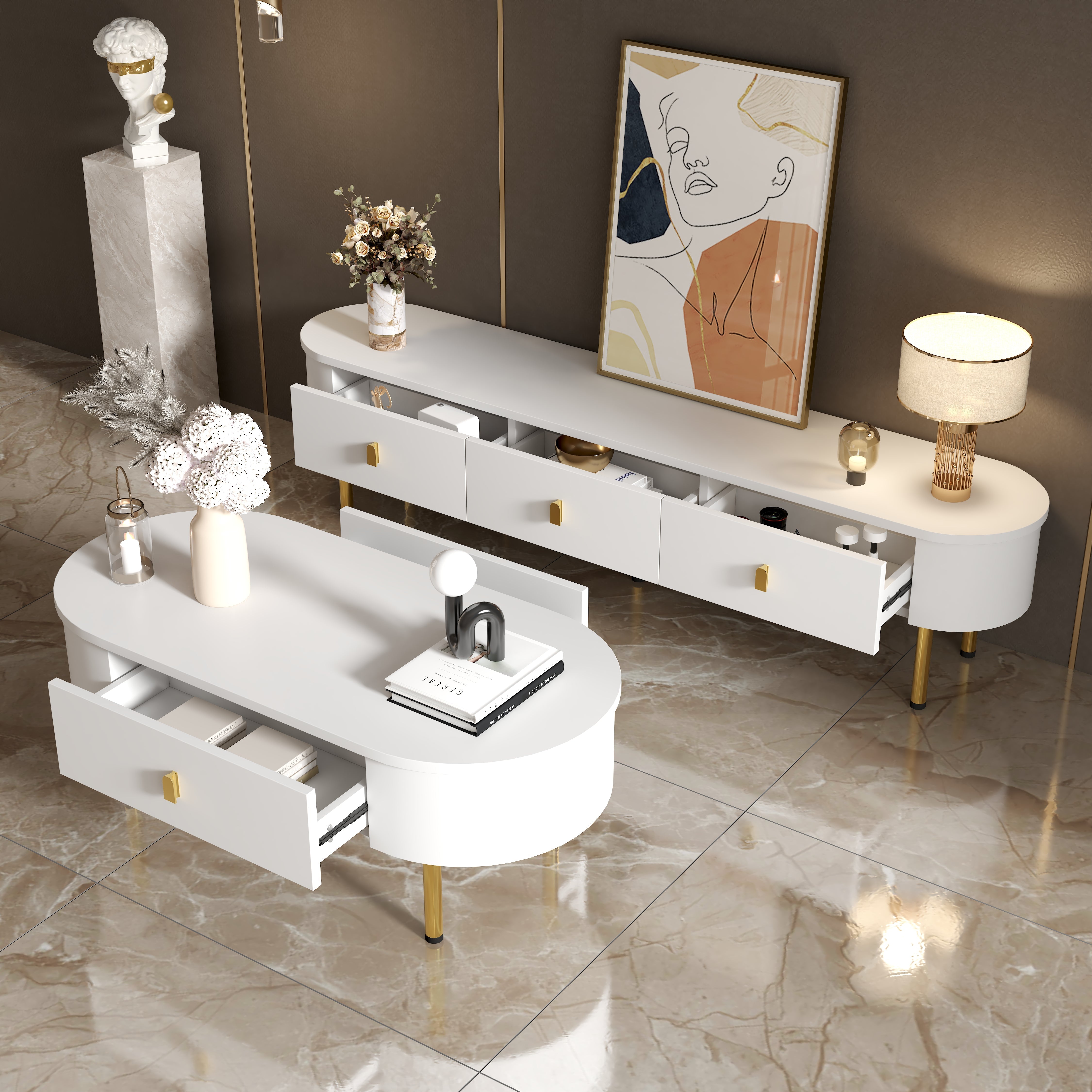 Logidon lowboard TV furniture 174 cm white glossy with golden handles
