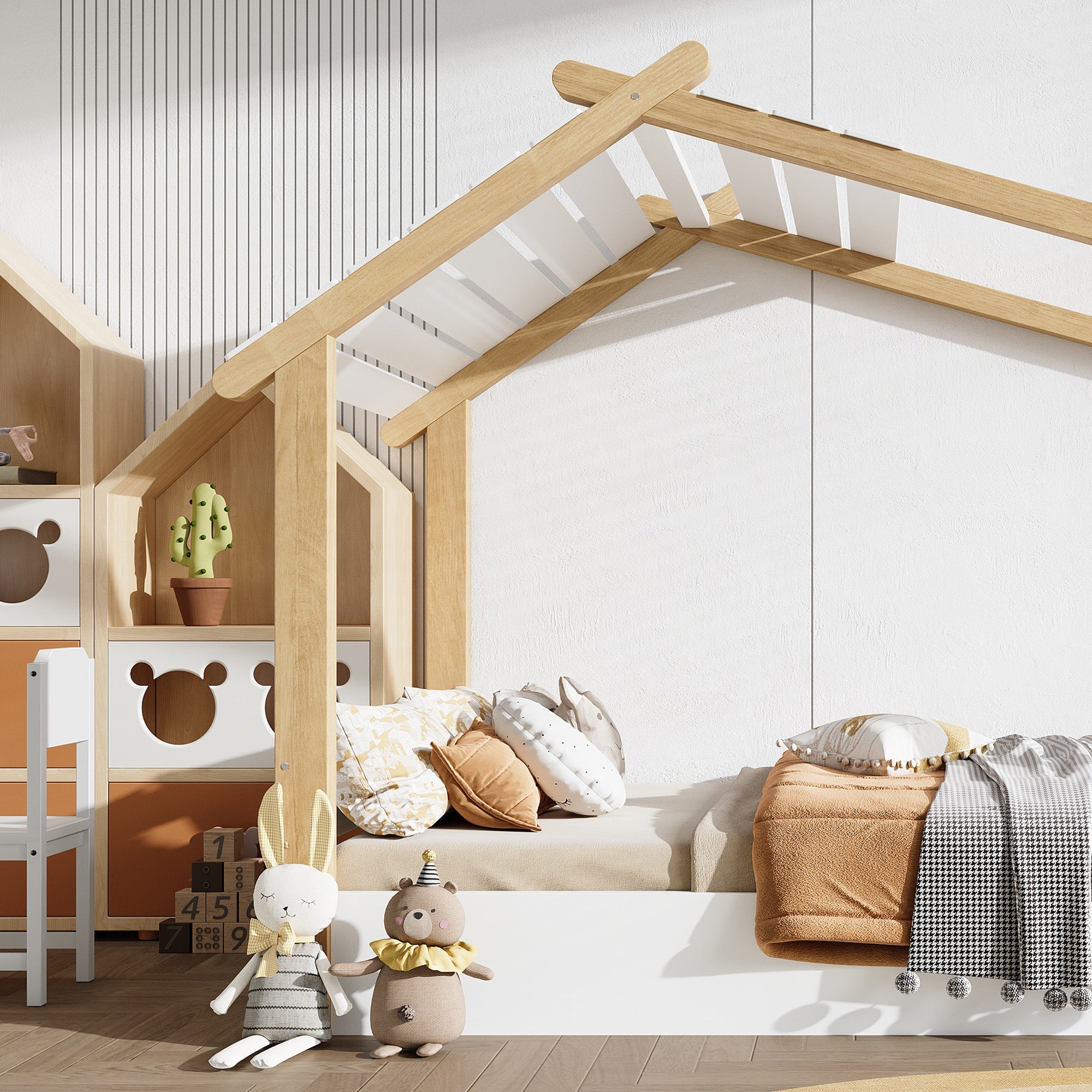 Logidon children's bed 90x200 cm white natural - wooden house design slatted frame