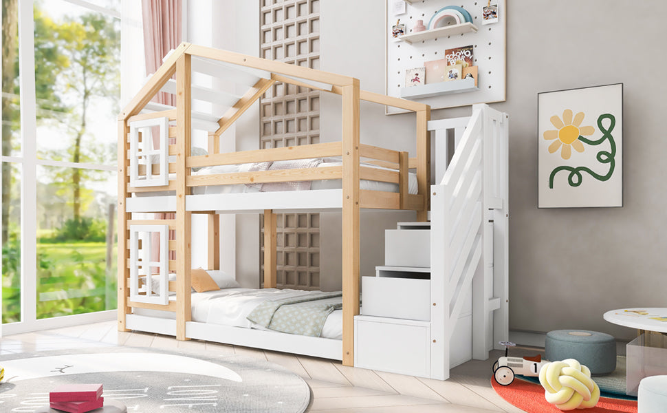 Logidon kinderbed boomhut 90x200 naturel wit valbeveiliging