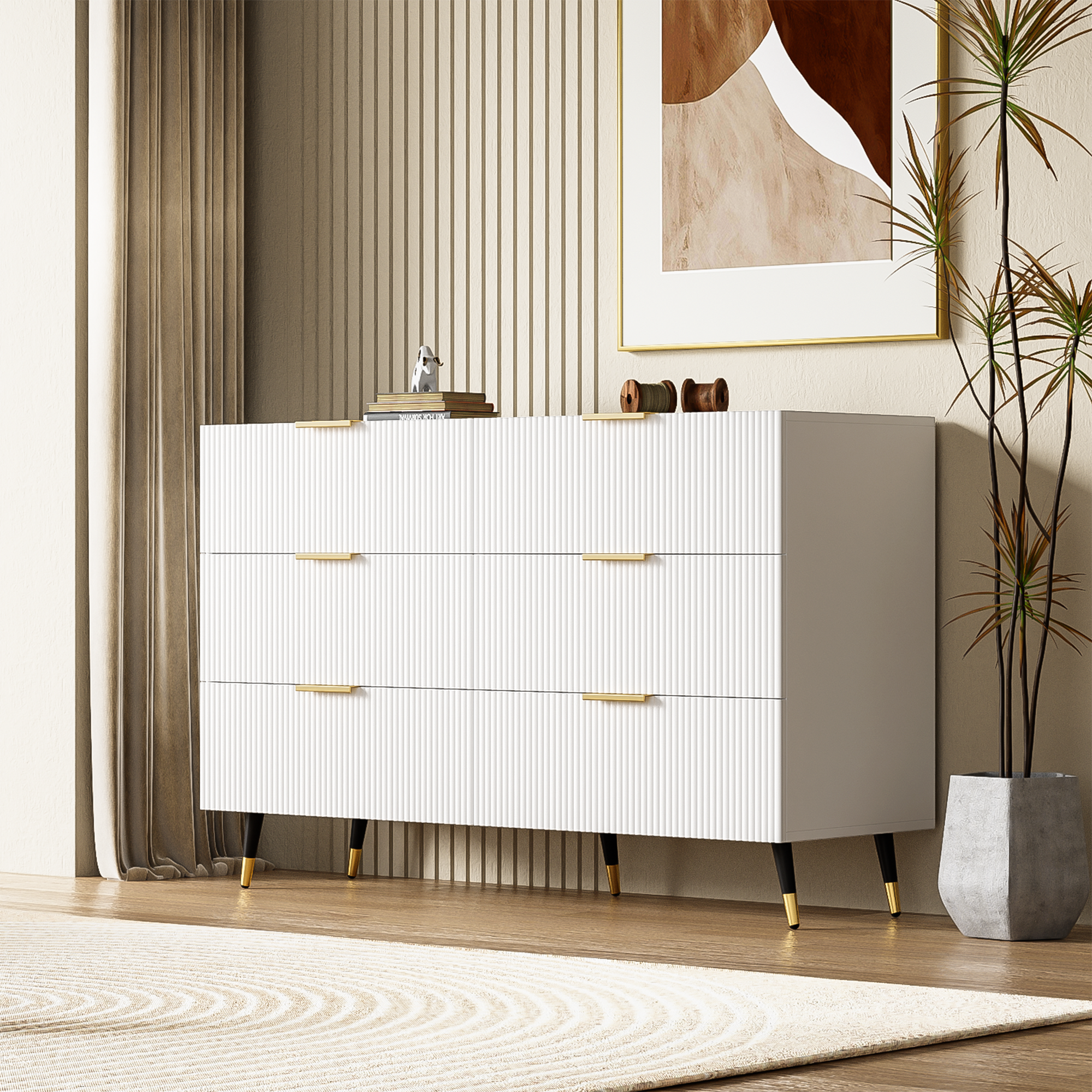 Logidon Elegant sideboard white 120x40x77 cm 6 drawers gold accents