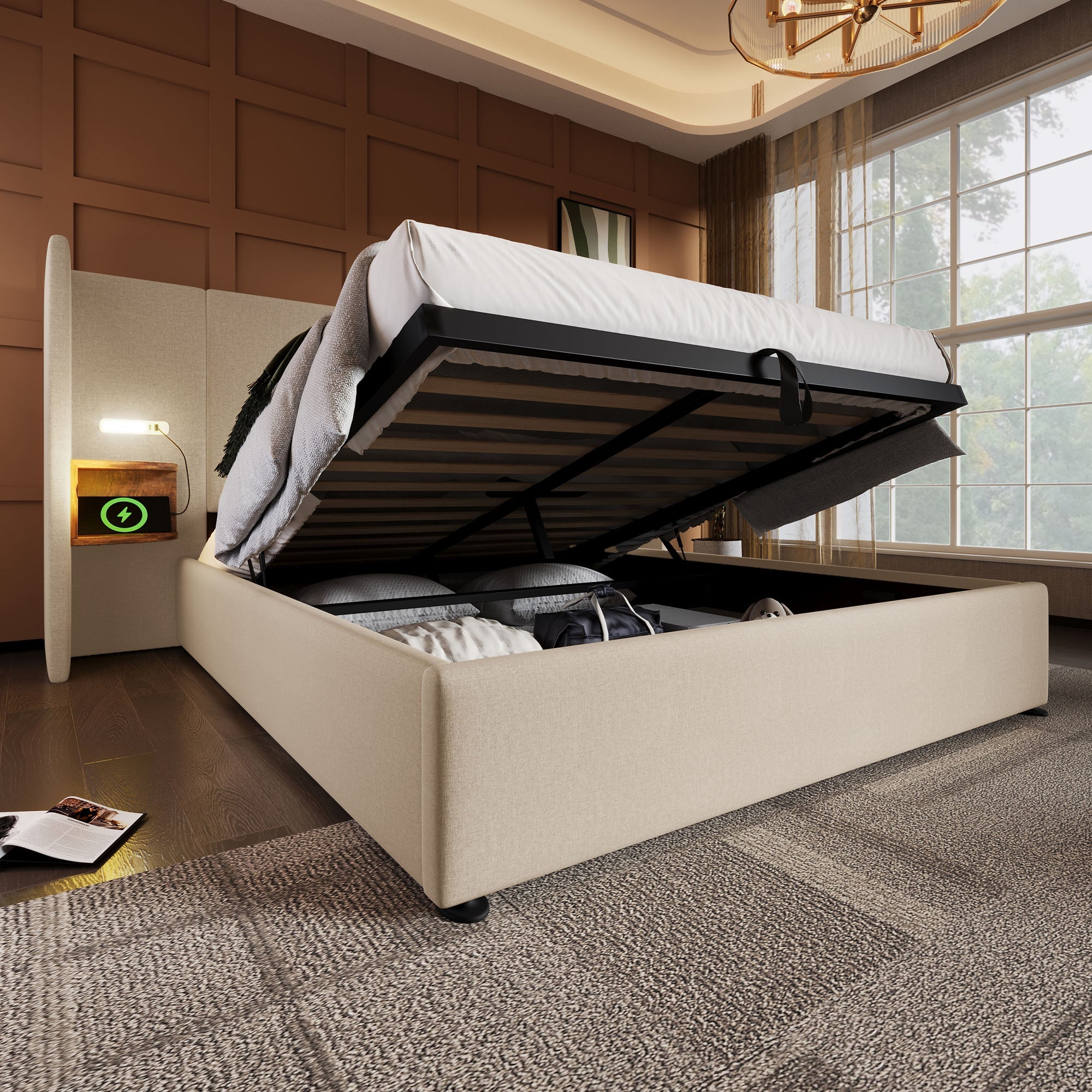 Logidon upholstered bed 160x200 beige with USB C charging function