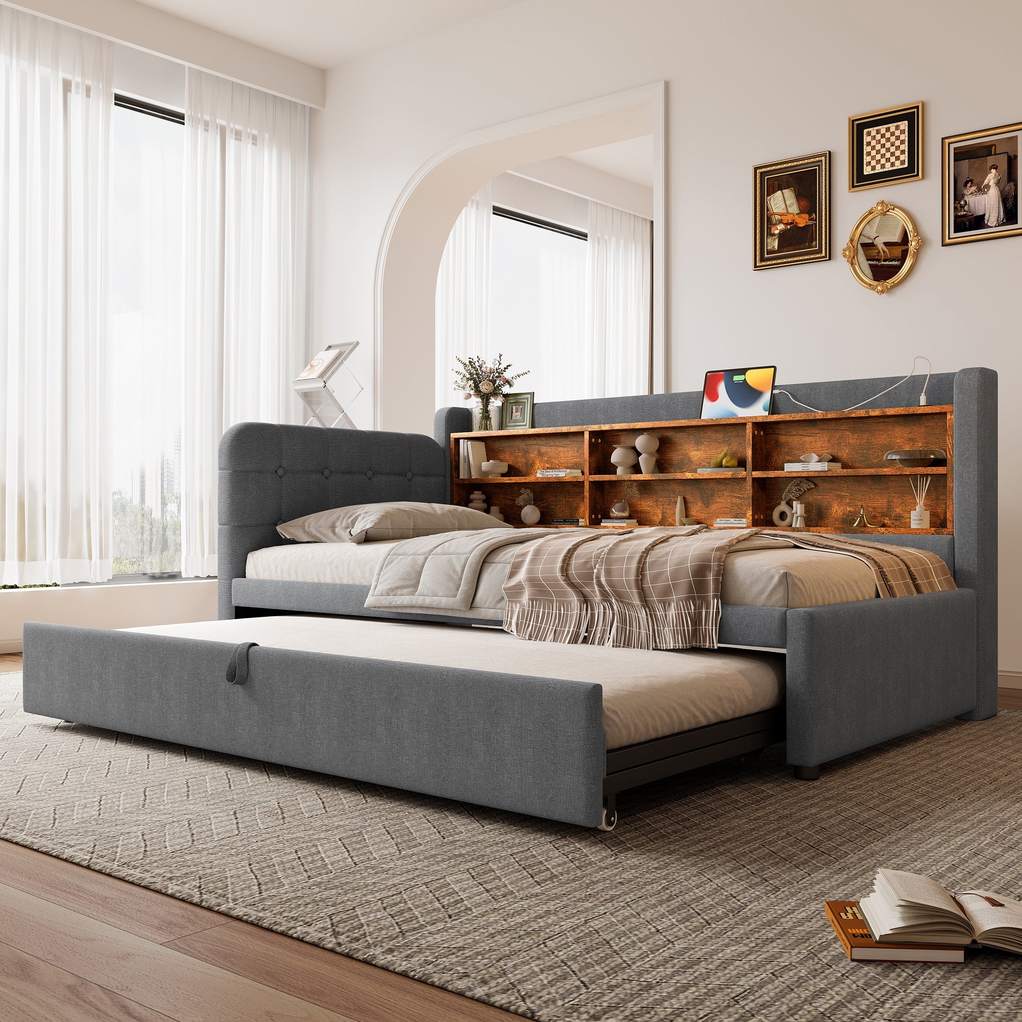 Logidon Daybed 90x200cm grijs linnen uitschuifbare slaapbank USB Type C