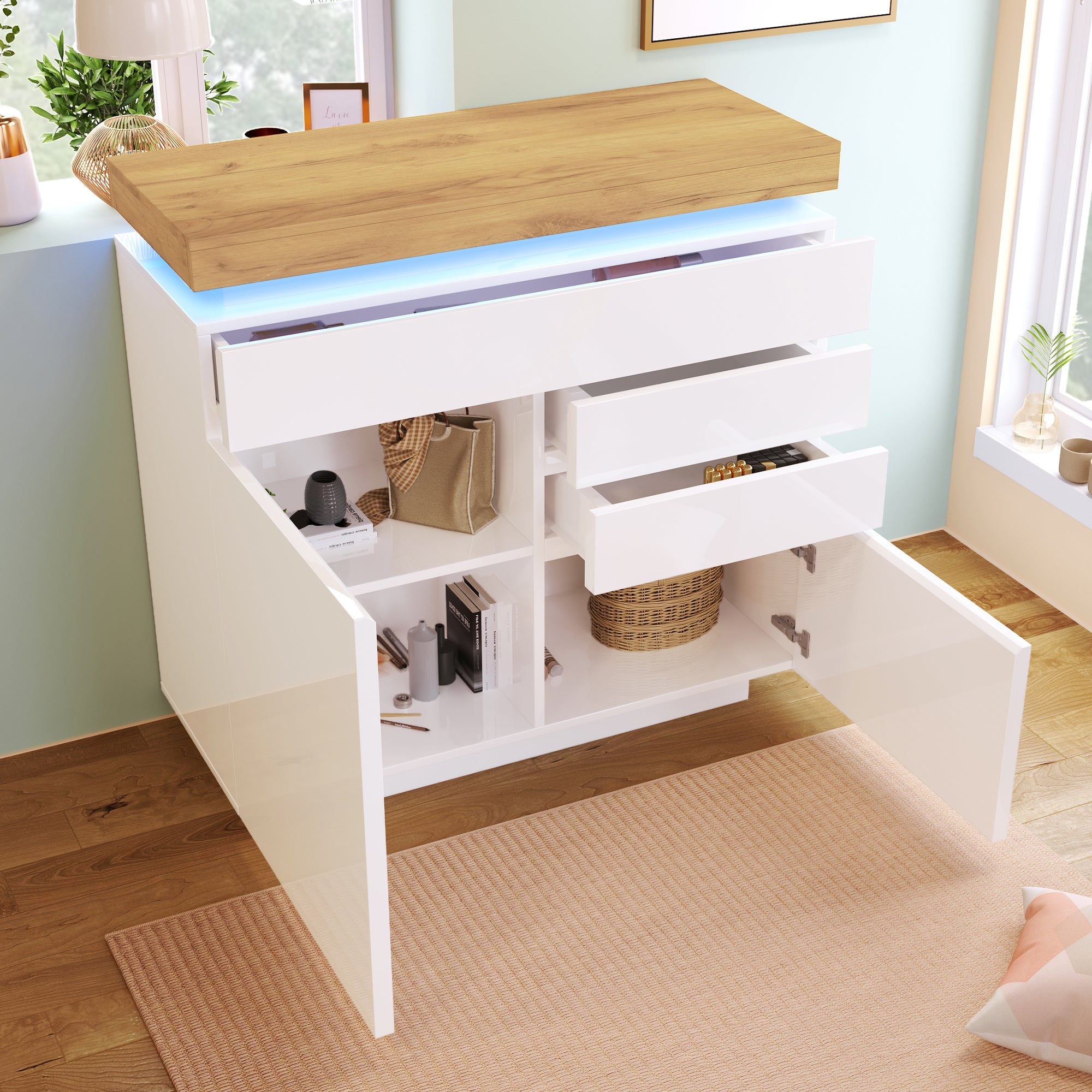 Logidon high gloss chest of drawers white LED lighting app control 2 doors
